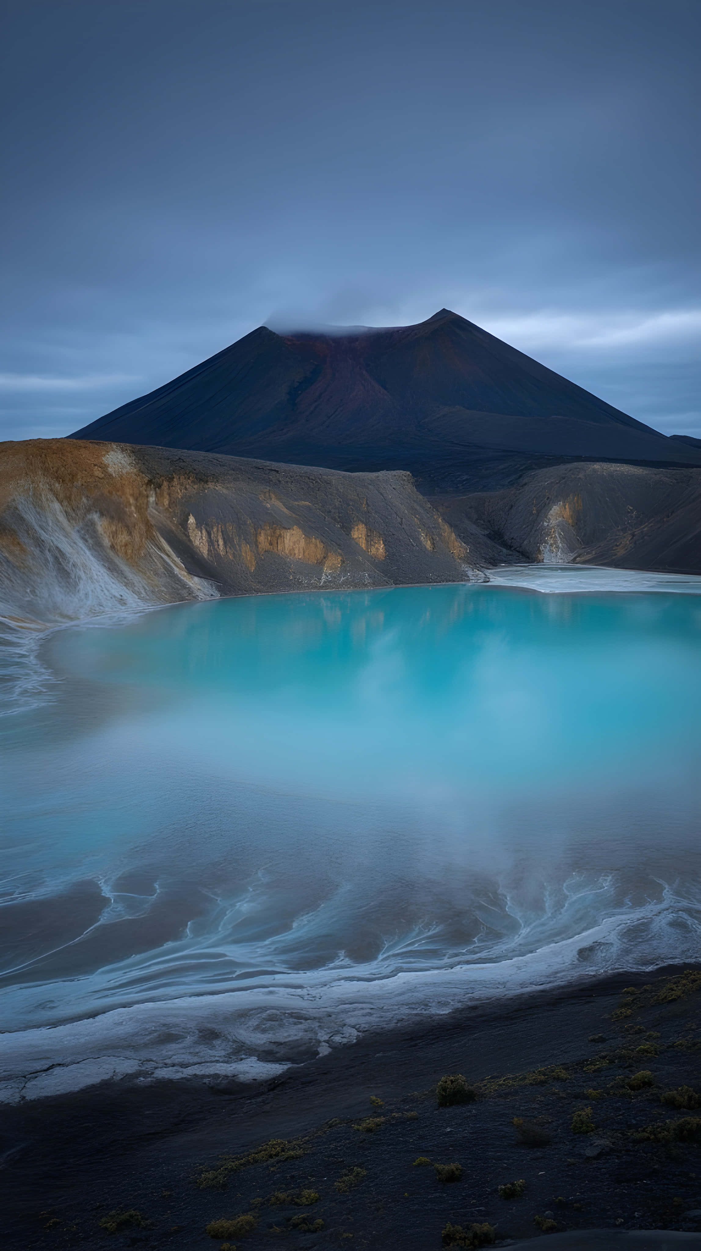 turquoise steaming lake, twilight, volcanic landscape, 4K Phone Wallpaper