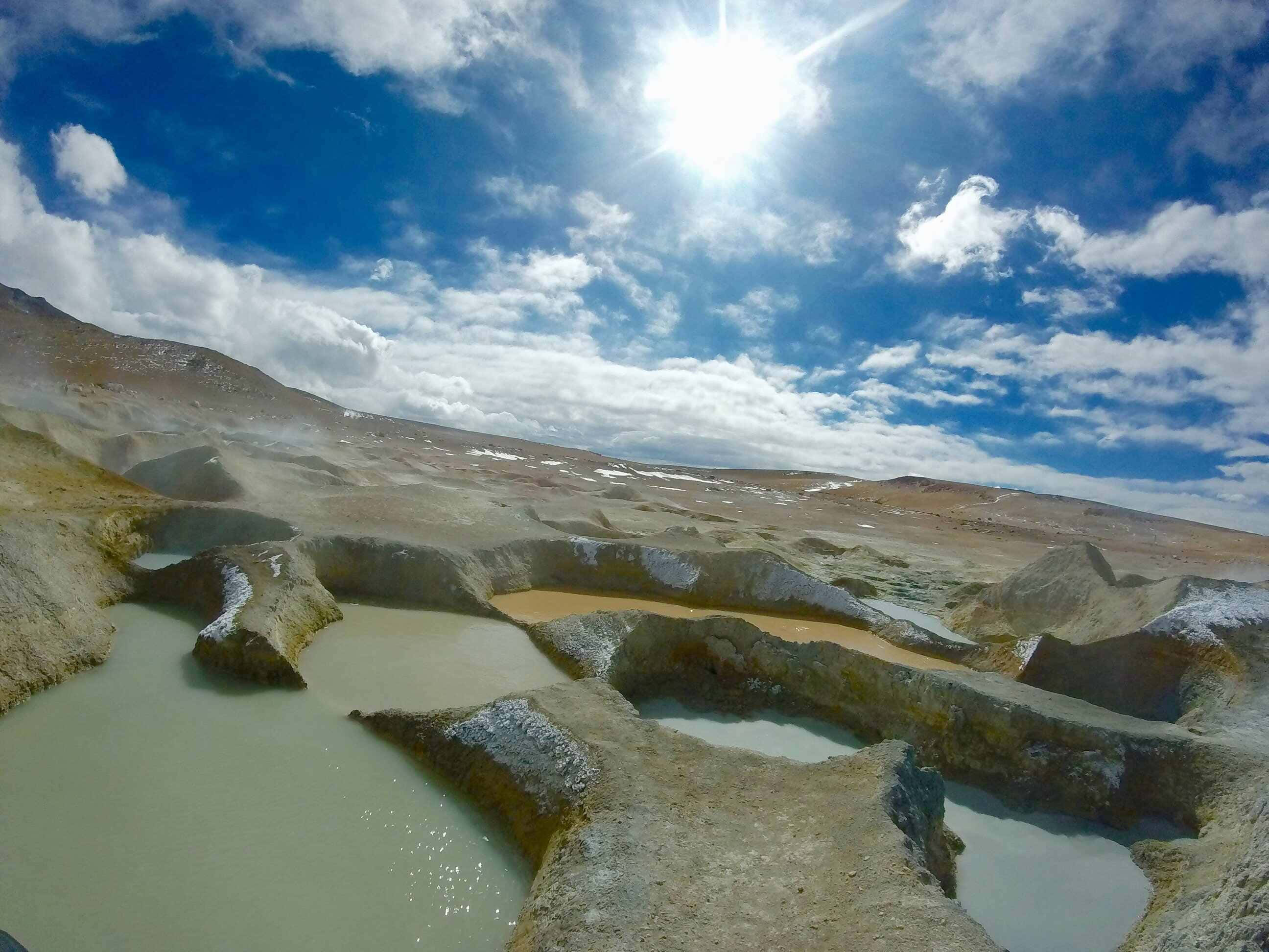 geothermal landscape, sunny day, steaming mud pools, 2K Desktop Wallpaper