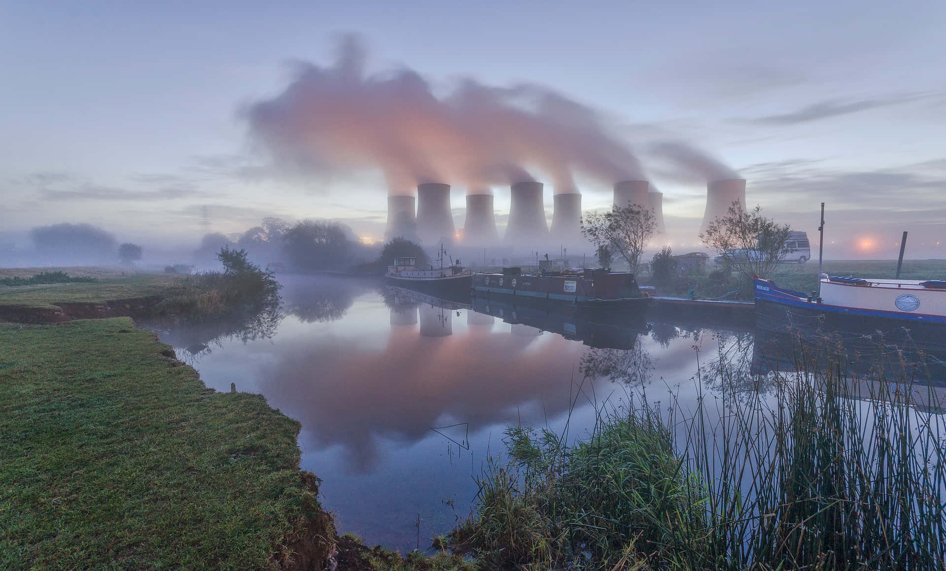cooling towers, dawn, canal, Full HD Desktop Wallpaper