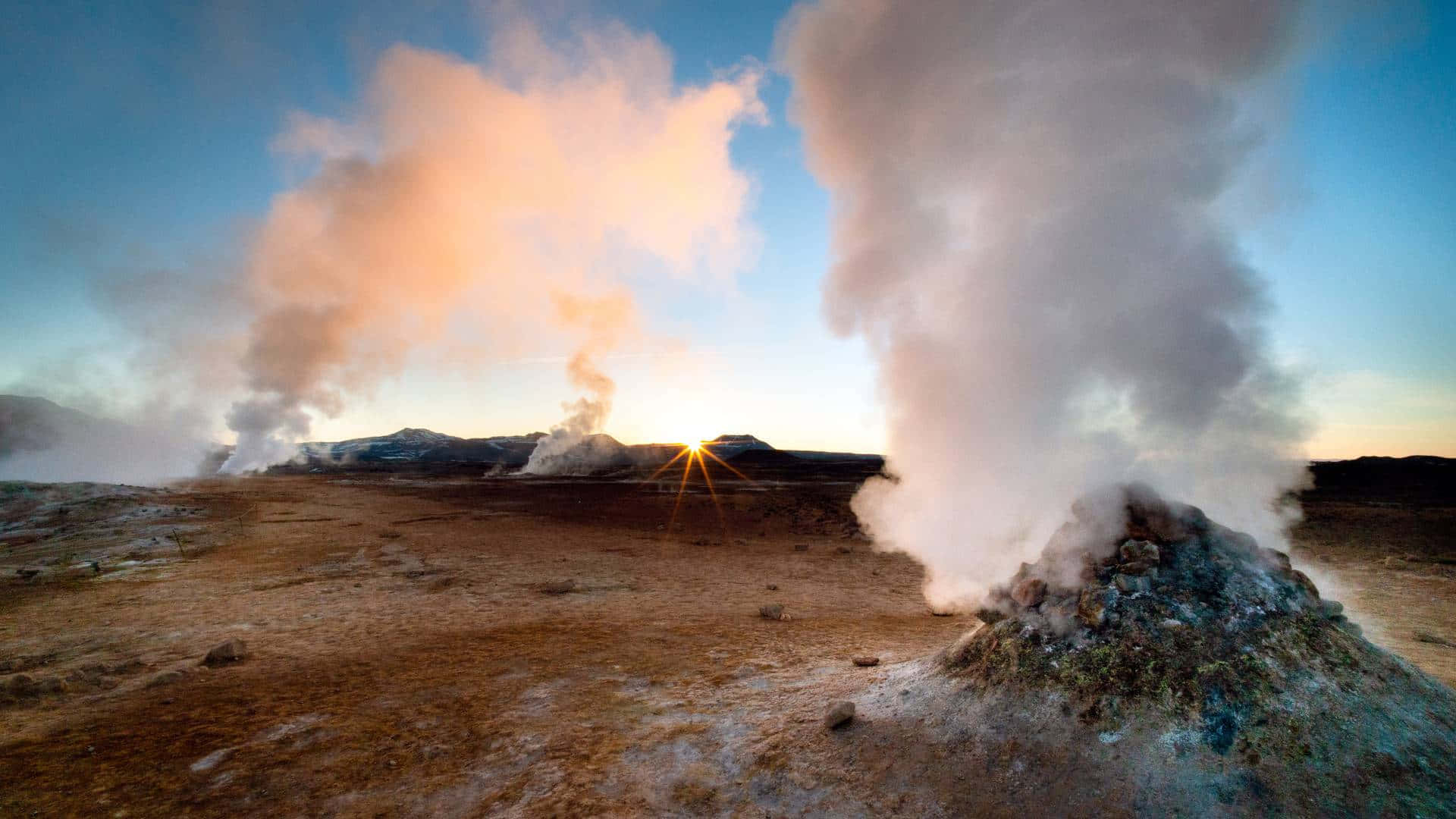 sunrise geothermal, geyser eruption, barren landscape, Full HD Desktop Wallpaper