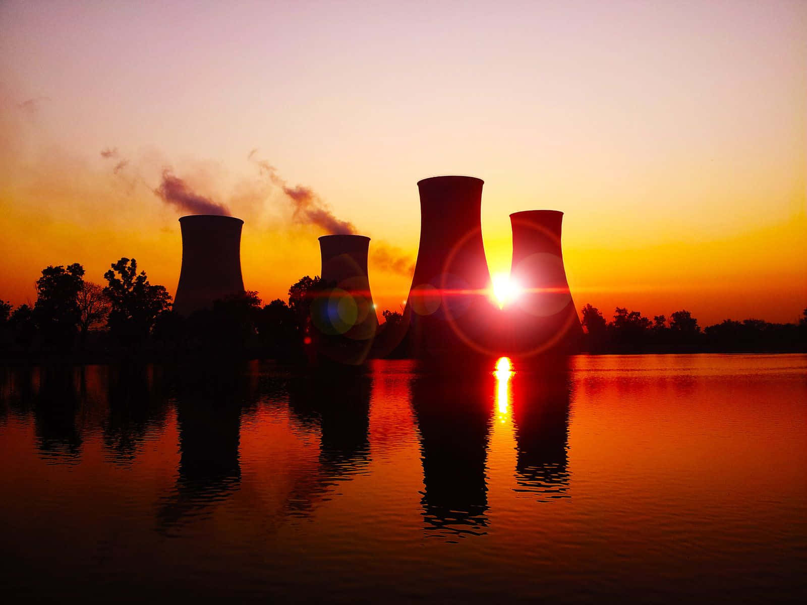 cooling towers, fiery sunset, sunburst, HD Desktop Wallpaper