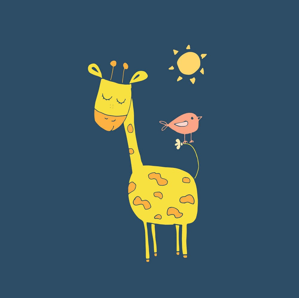 Cute Giraffe With Bird On Its Tail, yellow giraffe, smiling pink bird, SD Desktop Wallpaper