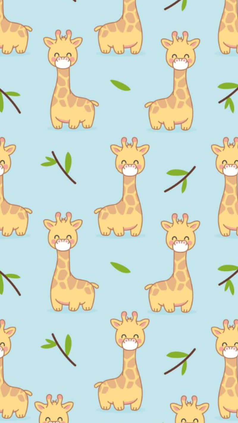 cute giraffe, pastel blue, green leaves, HD Phone Wallpaper