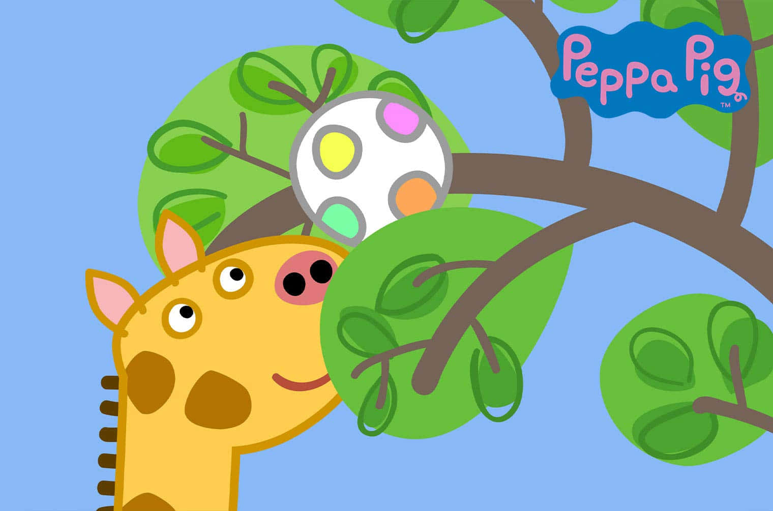 Gerald Giraffe, cartoon giraffe, green leaves, HD Desktop Wallpaper