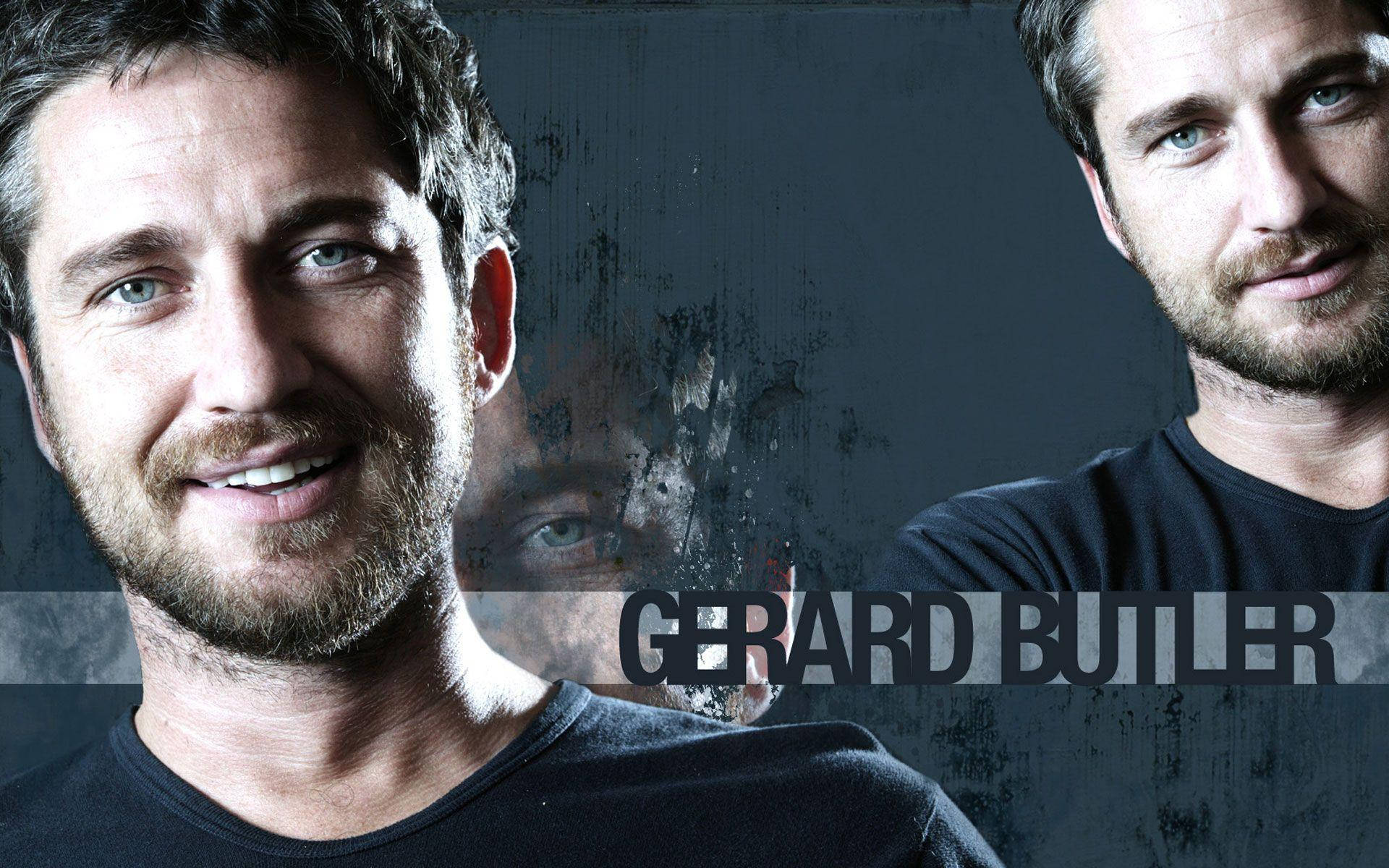Gerard Butler, dark textured studio portrait, name overlaid, Full HD Desktop Wallpaper