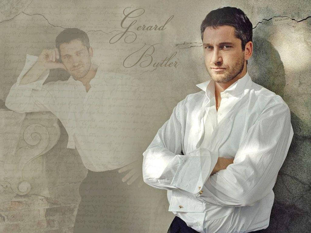Gerard Butler, white long sleeve, elegant cursive, SD Desktop Wallpaper