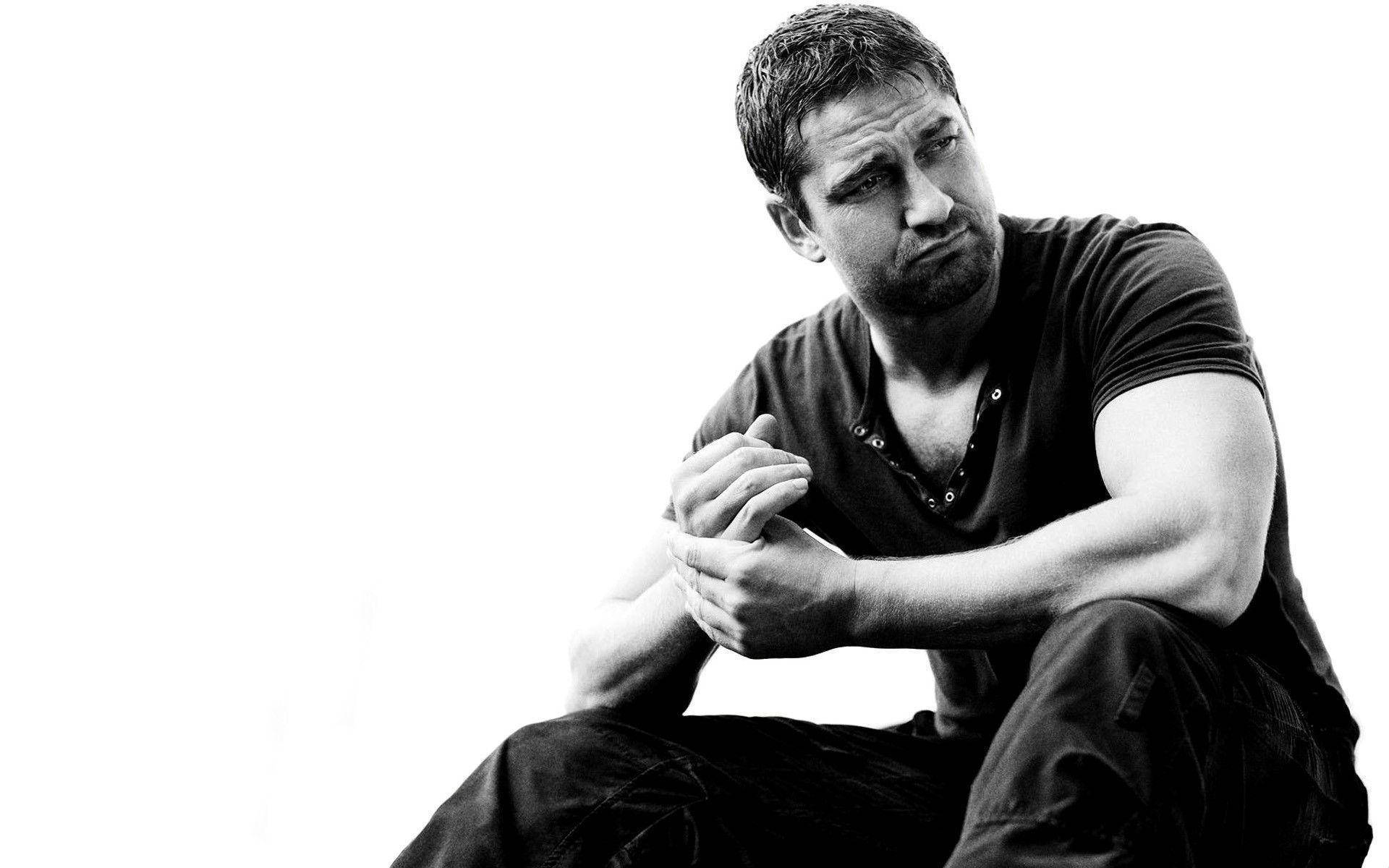 Gerard Butler, black and white, stark white background, Full HD Desktop Wallpaper