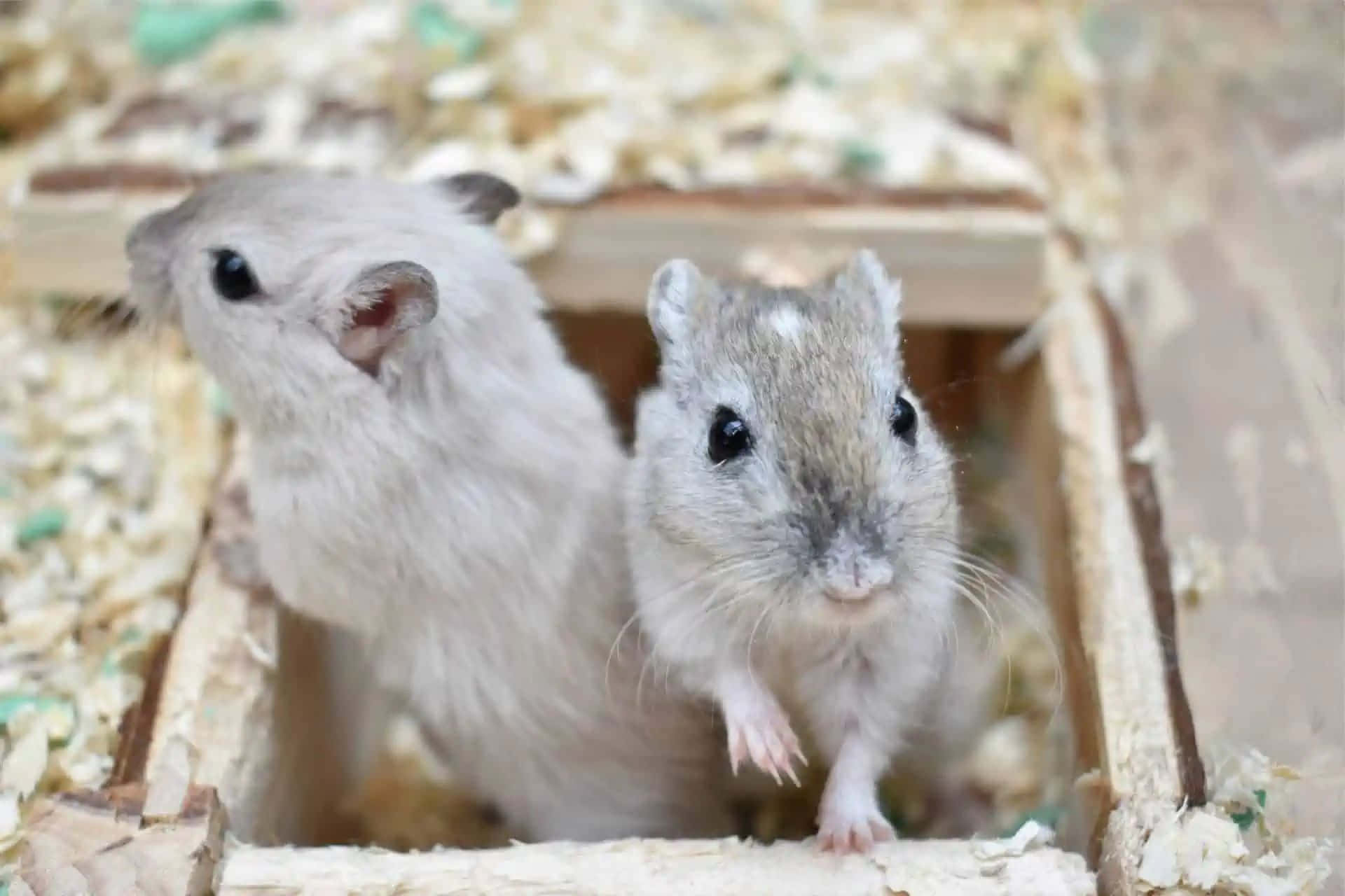 Gerbils, wooden box, wood shavings, Full HD Desktop Wallpaper