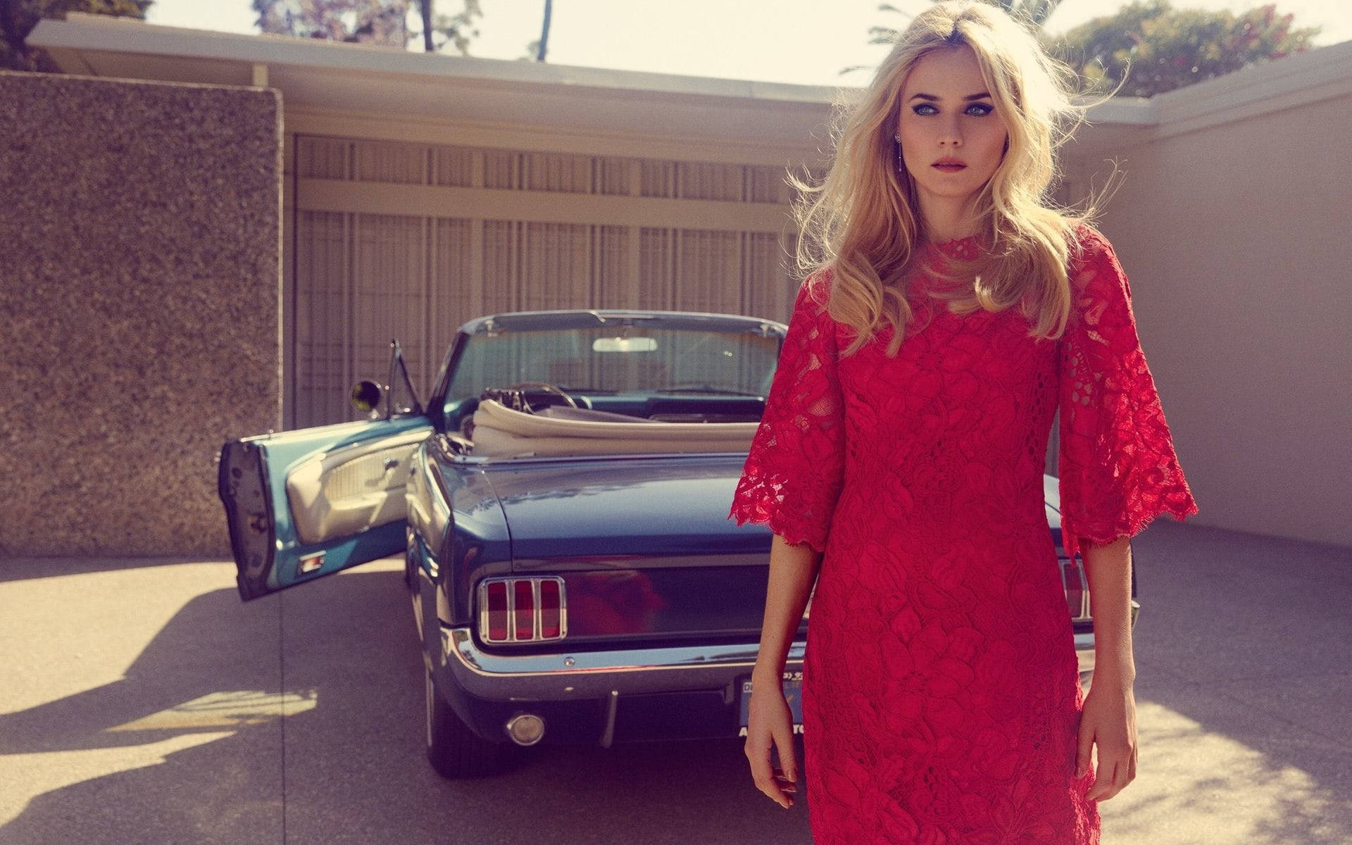 German Girl, red lace dress, vintage blue convertible, Full HD Desktop Wallpaper