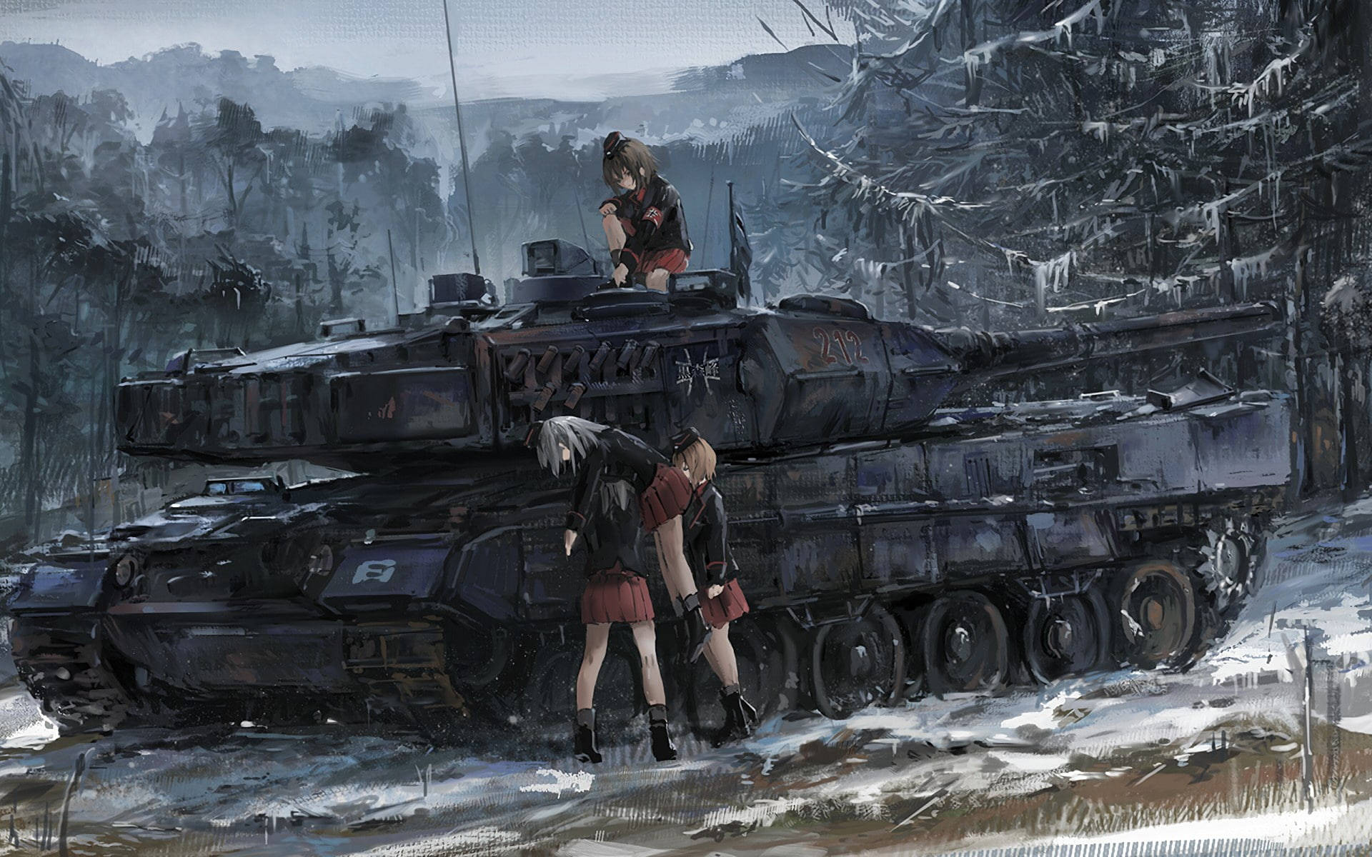 German Girl, autumn, snow-covered military tank, Full HD Desktop Wallpaper