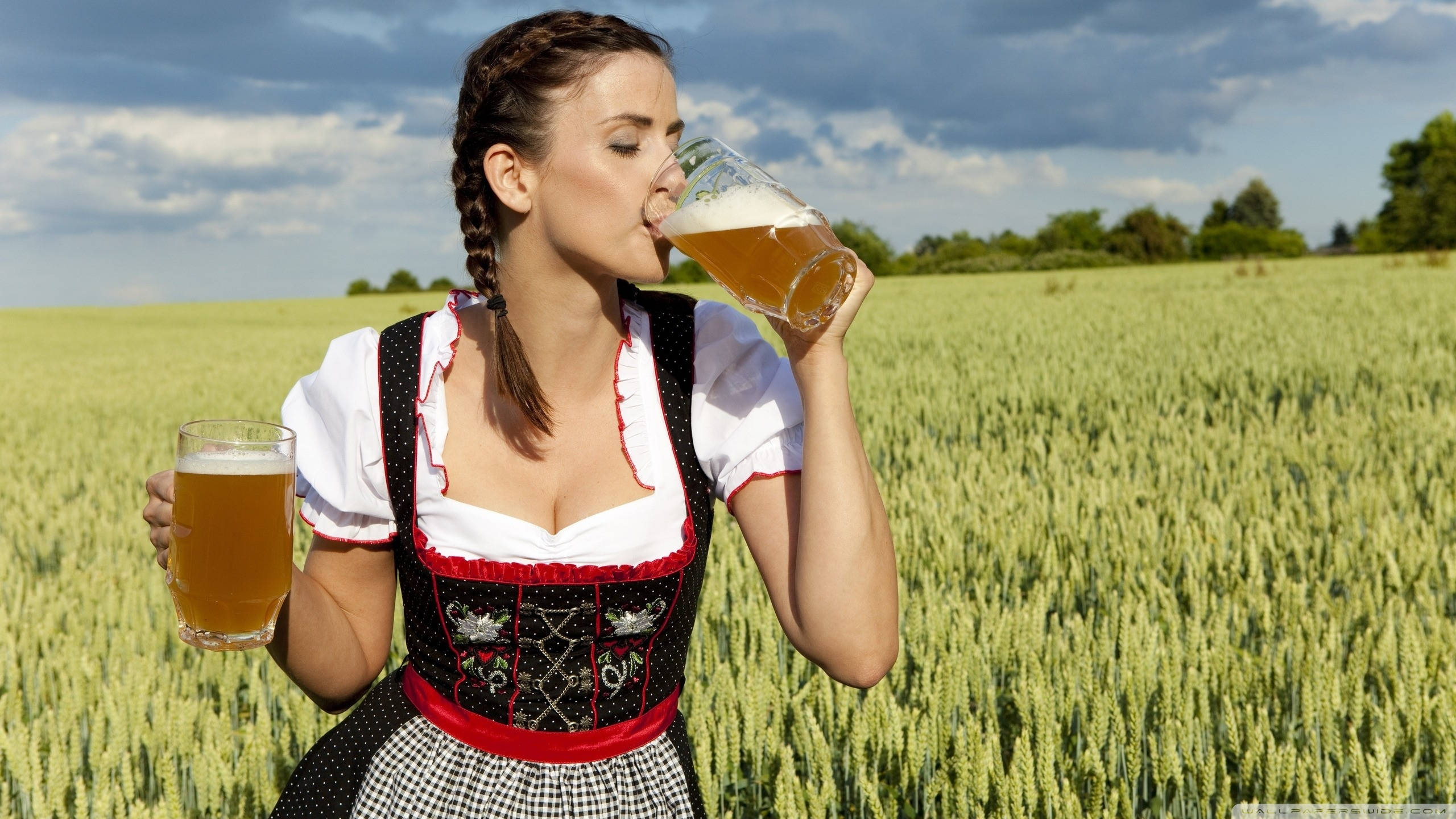German Girl, dirndl, wheat field, 2K Desktop Wallpaper