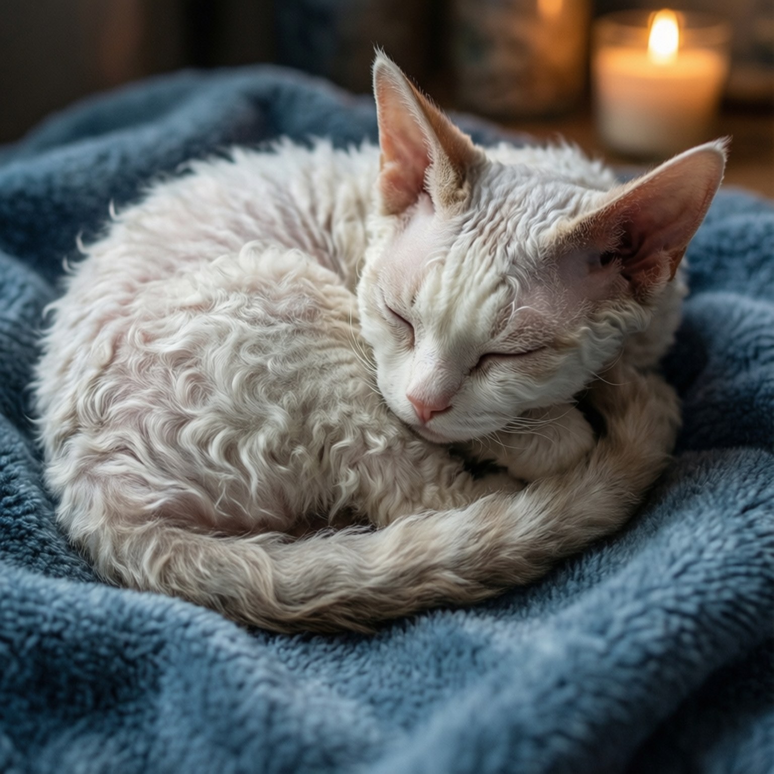 German Rex, blue blanket, candlelight, HD Desktop Wallpaper