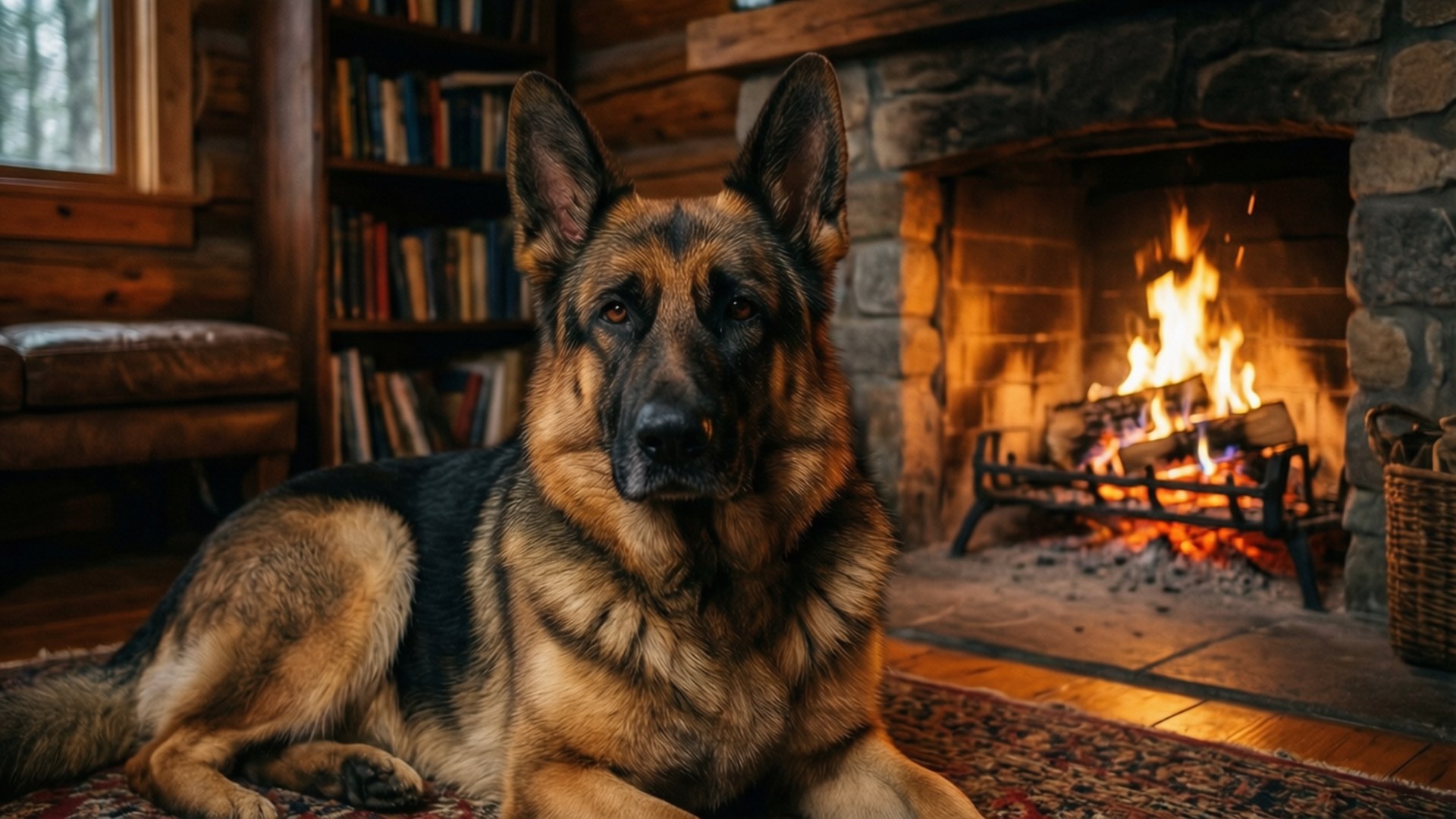 German Shepherd, rug, stone fireplace, Full HD Desktop Wallpaper
