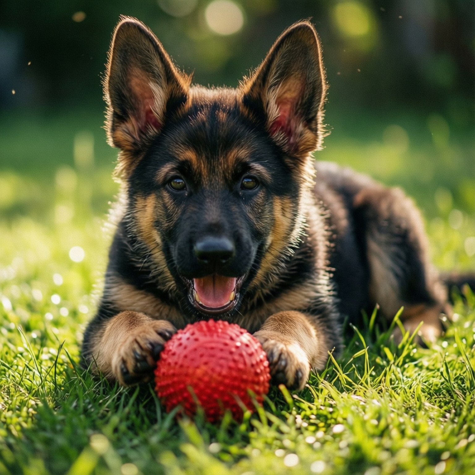 German Shepherd, vibrant green grass, bright red textured ball, HD Desktop Wallpaper