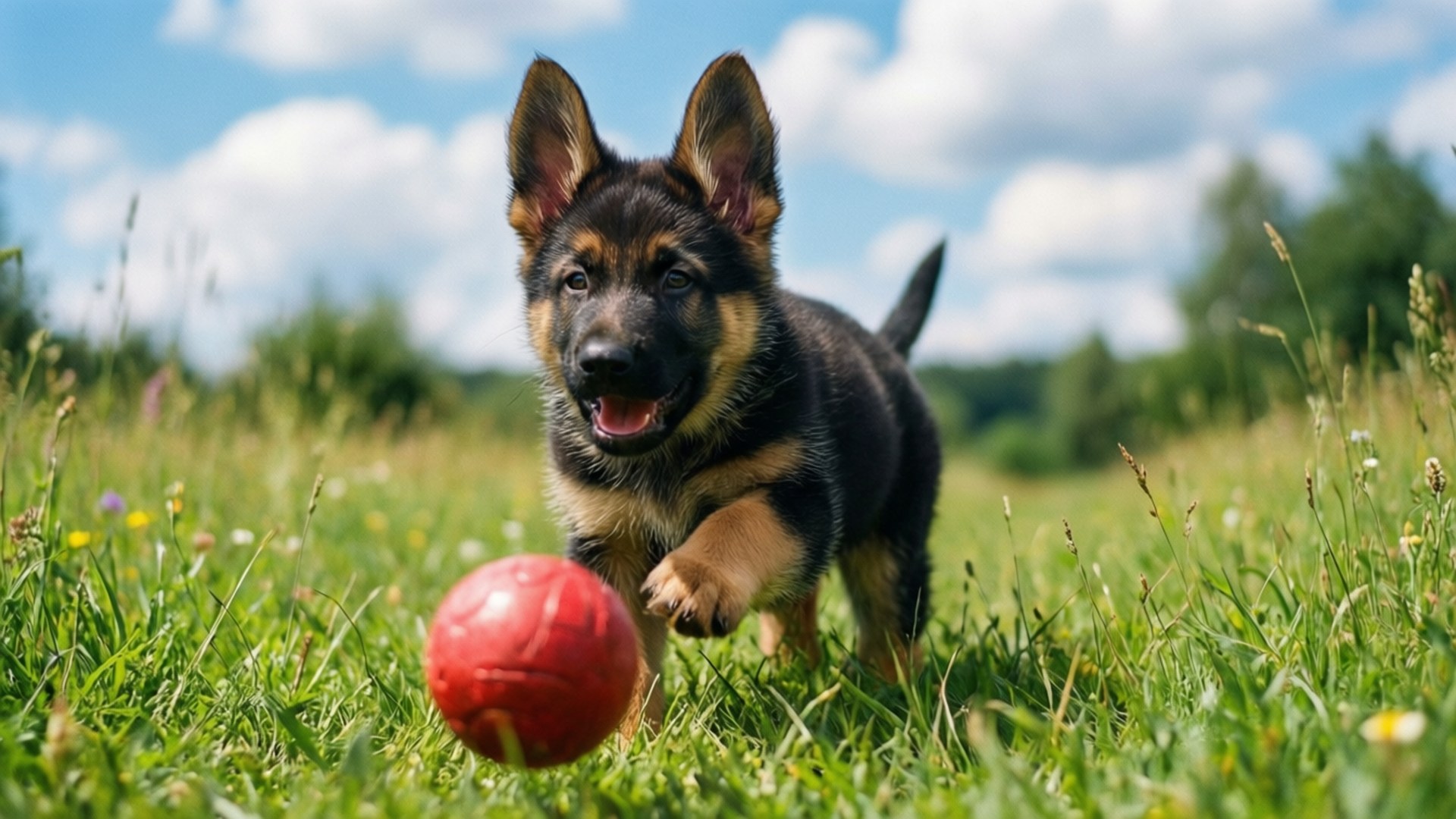 German Shepherd puppy, sunlit grass, red ball, Full HD Desktop Wallpaper