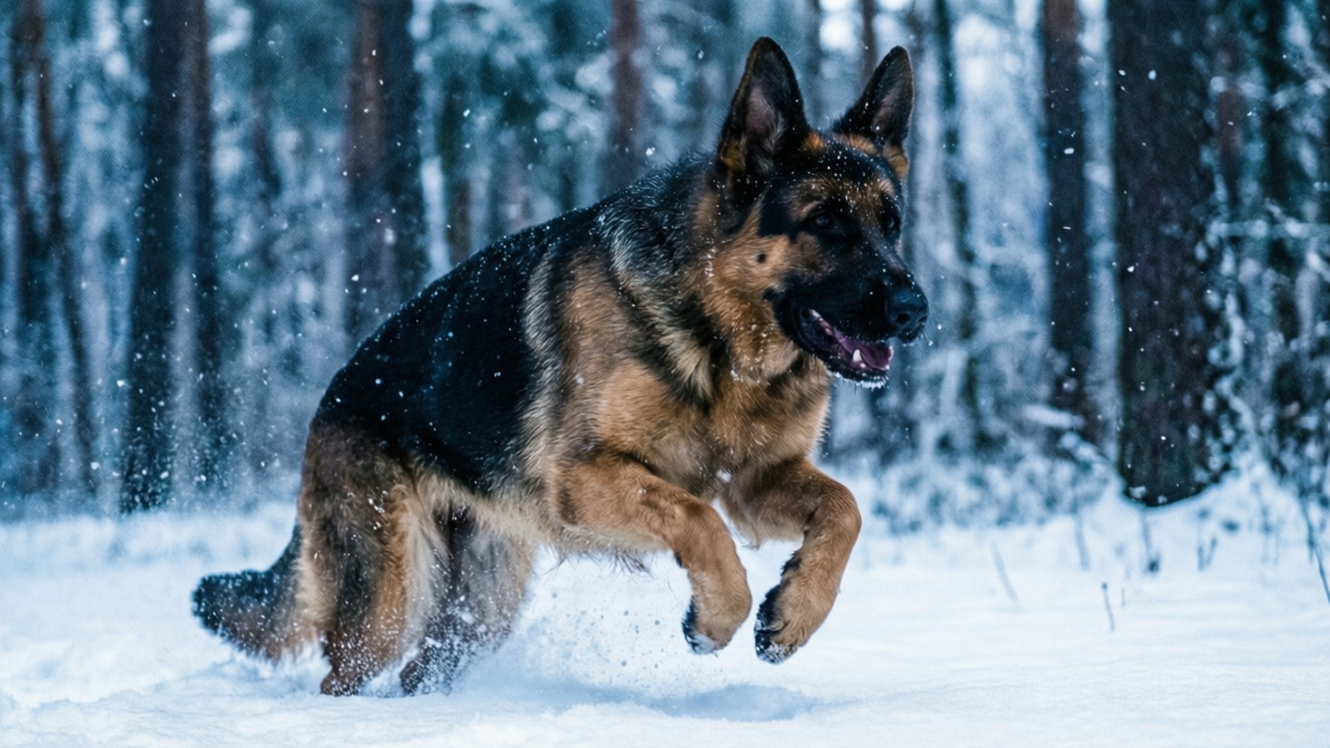 German Shepherd, snow, dense winter forest, Full HD Desktop Wallpaper