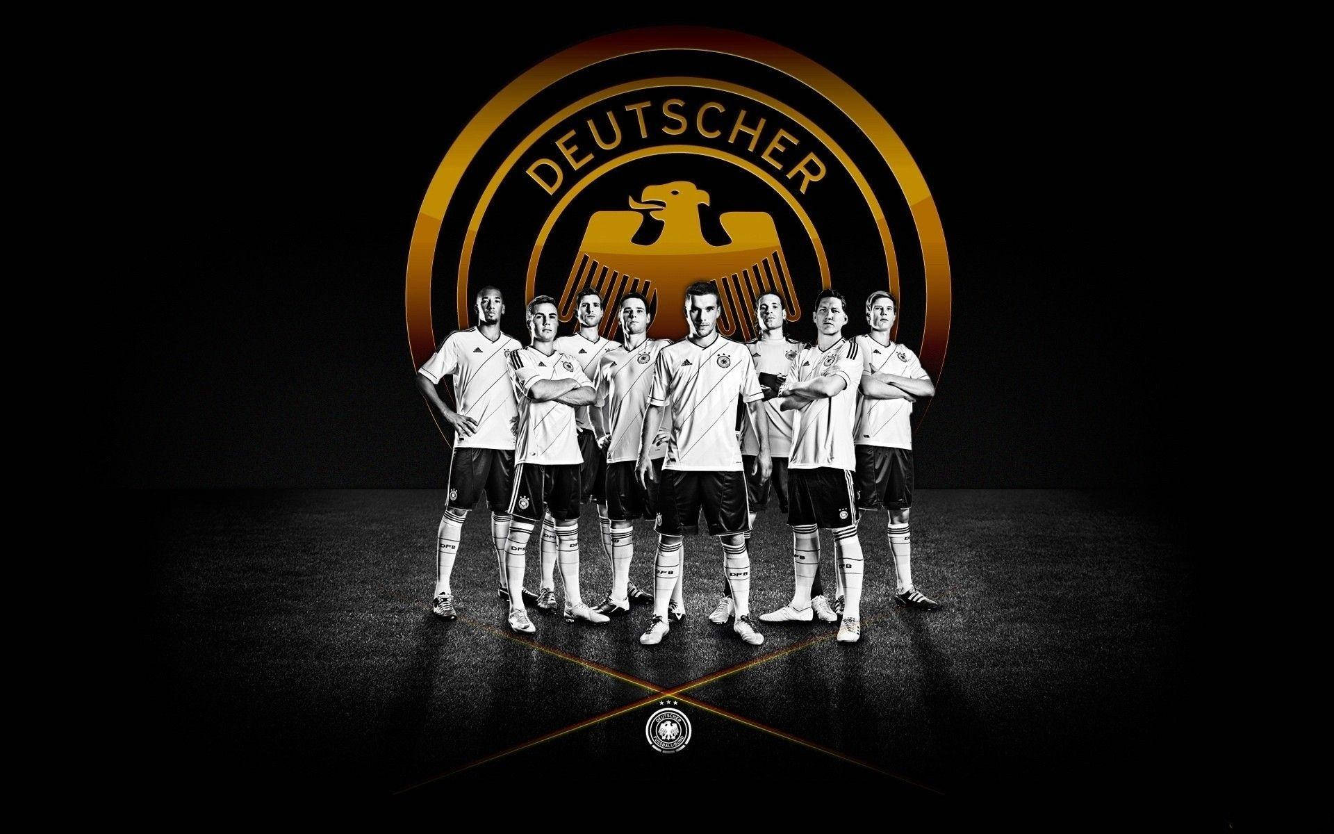 Germany National Football Team, white kits, glowing golden eagle emblem, Full HD Desktop Wallpaper