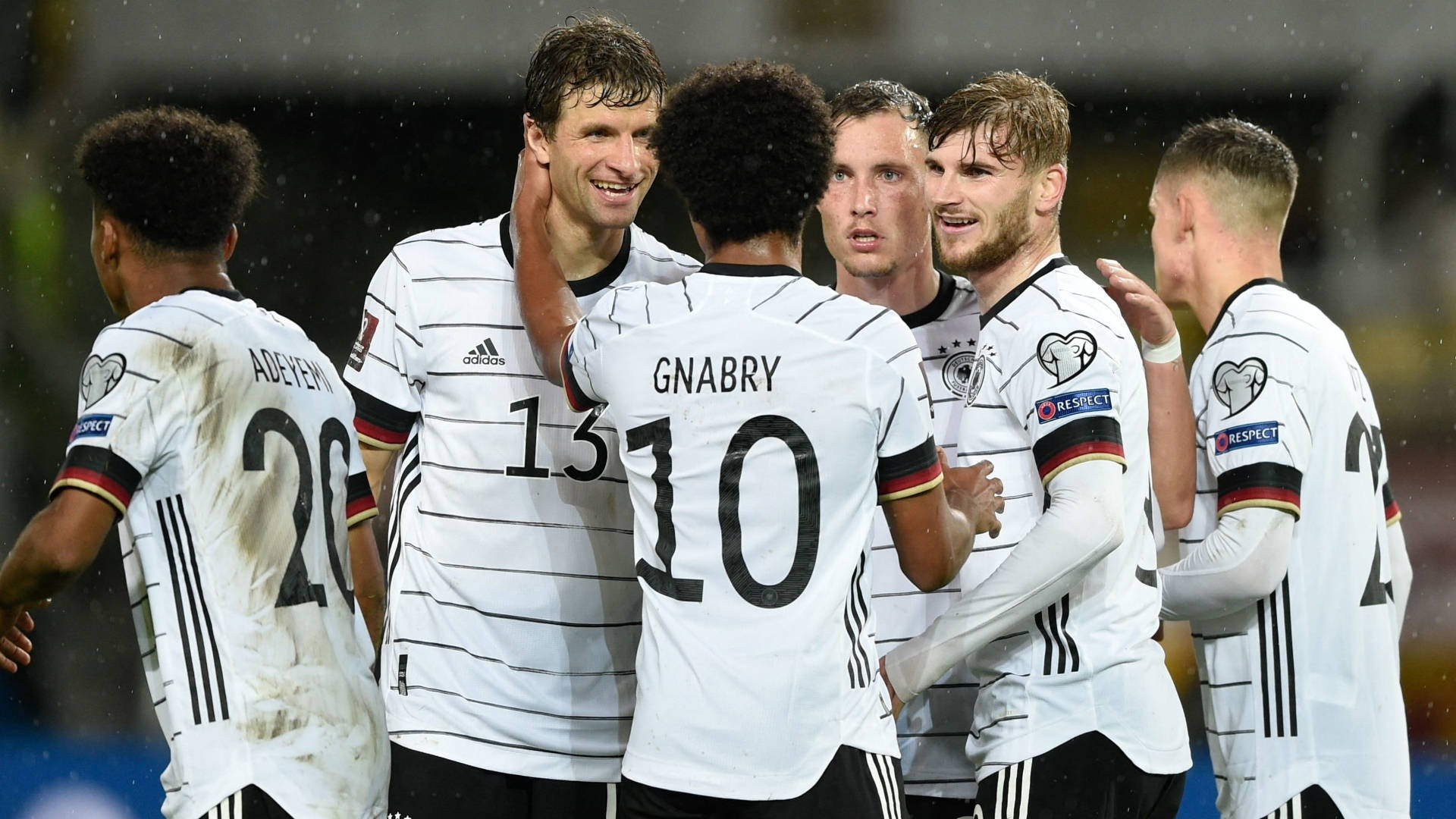 Germany National Football Team, white striped jerseys, stadium lights, Full HD Desktop Wallpaper