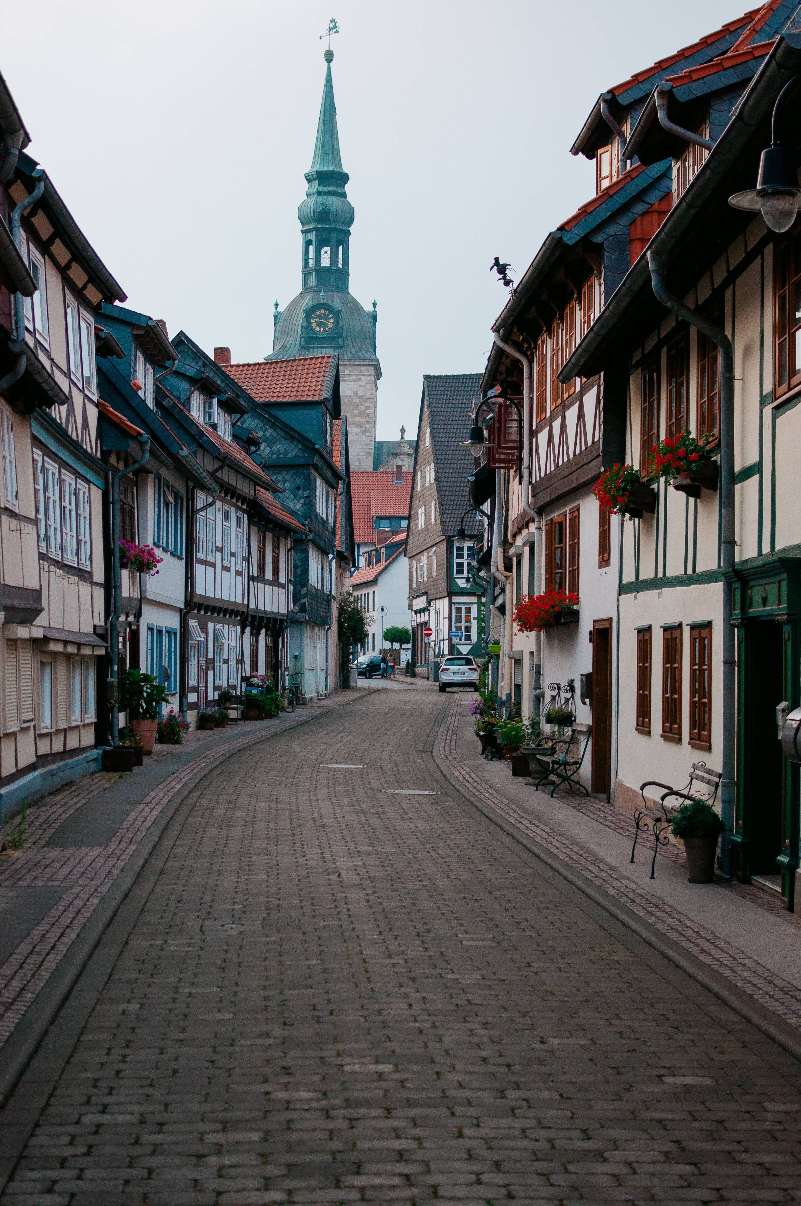 Germany, brick road, roses, 4K Phone Wallpaper