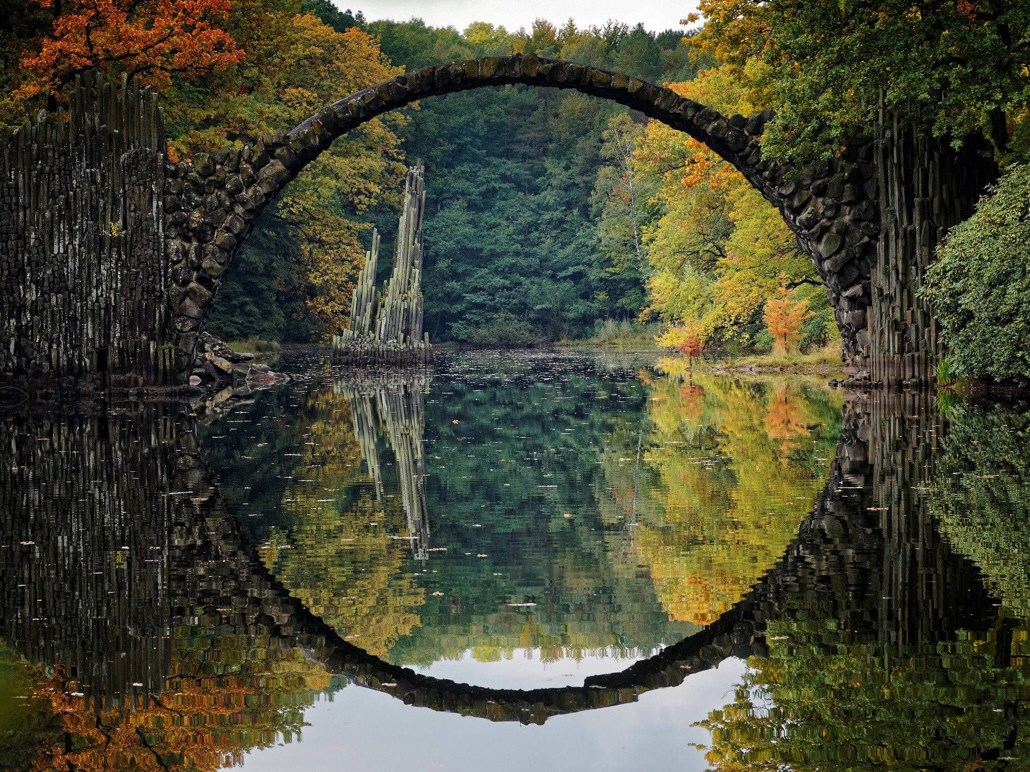 Germany, stone arch bridge, calm water, Full HD Desktop Wallpaper