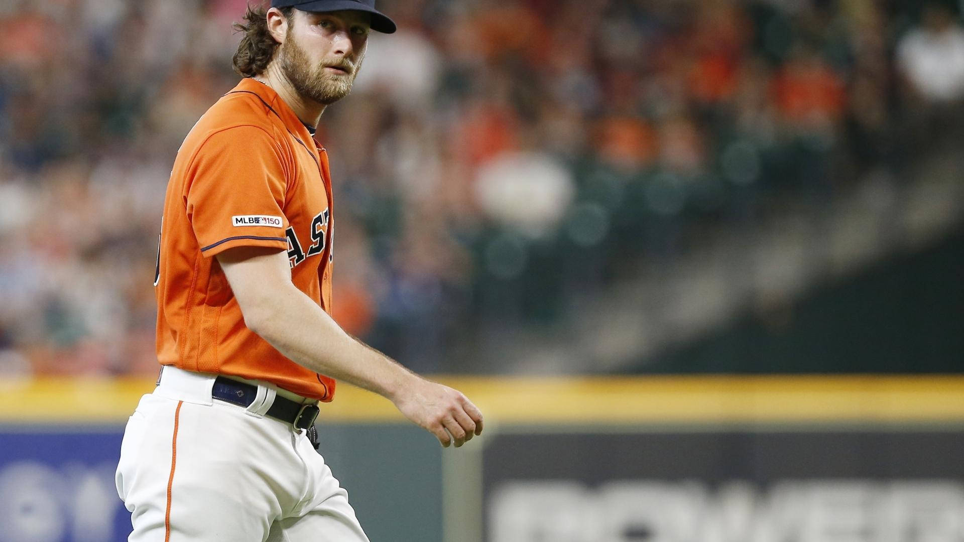 Gerrit Cole, orange Astros uniform, stadium lights, Full HD Desktop Wallpaper