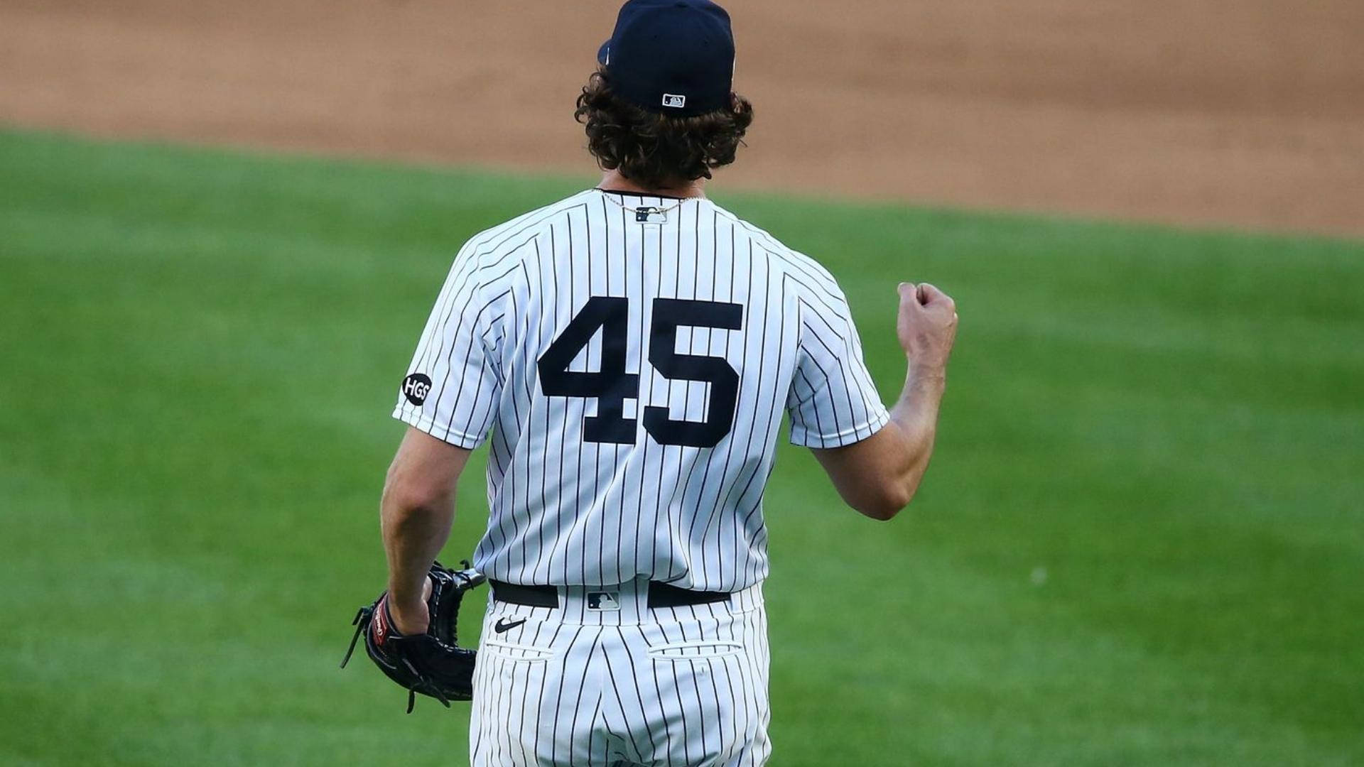 Gerrit Cole, number 45, pinstripe uniform, Full HD Desktop Wallpaper