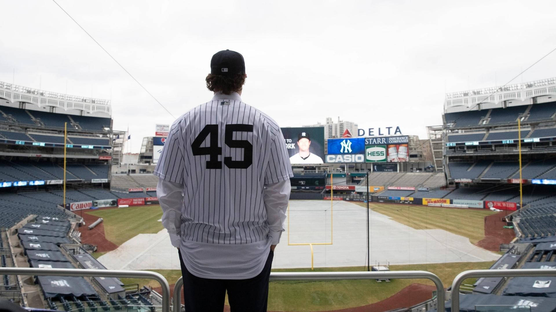 Gerrit Cole, pinstripe baseball jersey, number 45, Full HD Desktop Wallpaper