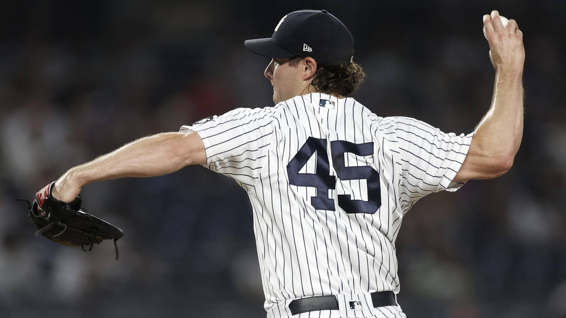 Gerrit Cole, pinstripe uniform, number 45, Full HD Desktop Wallpaper