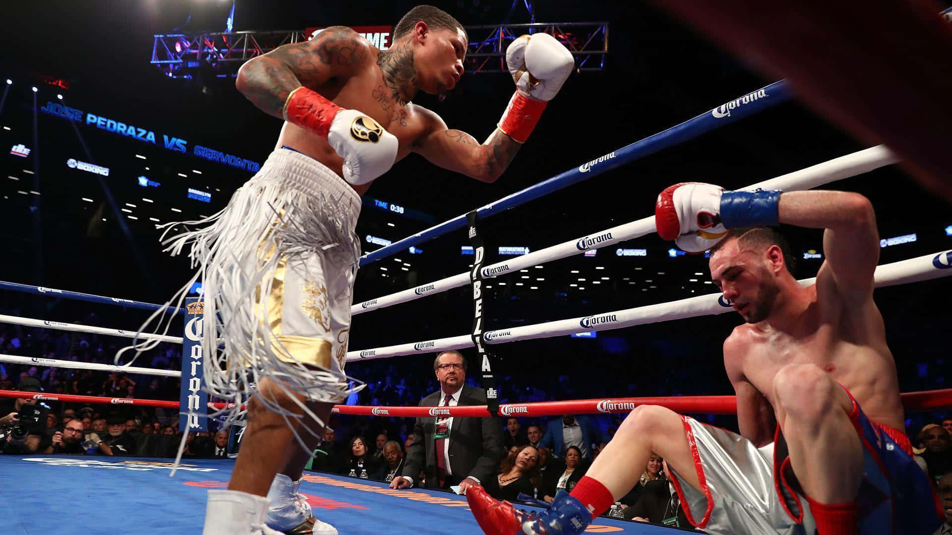 Gervonta Davis, white fringe trunks, brightly lit ring, Full HD Desktop Wallpaper