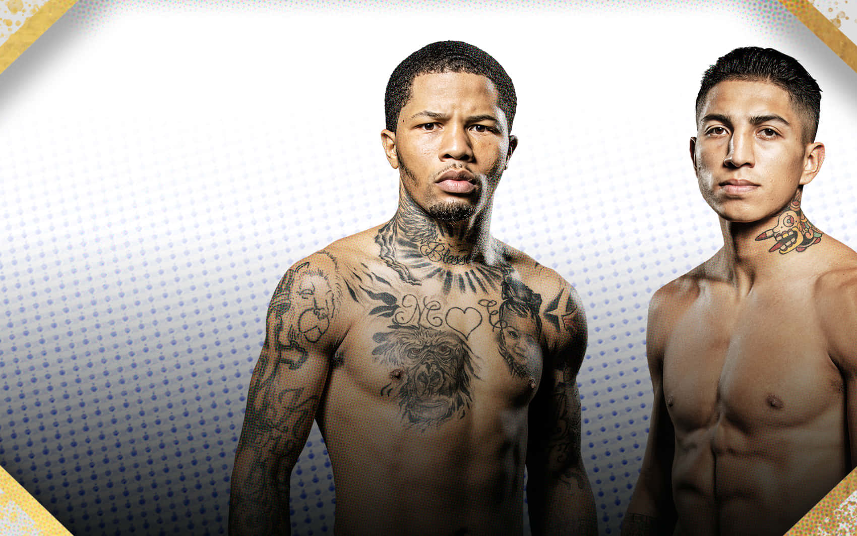 Gervonta Davis, tattooed fighters, dotted blue and white background, HD Desktop Wallpaper