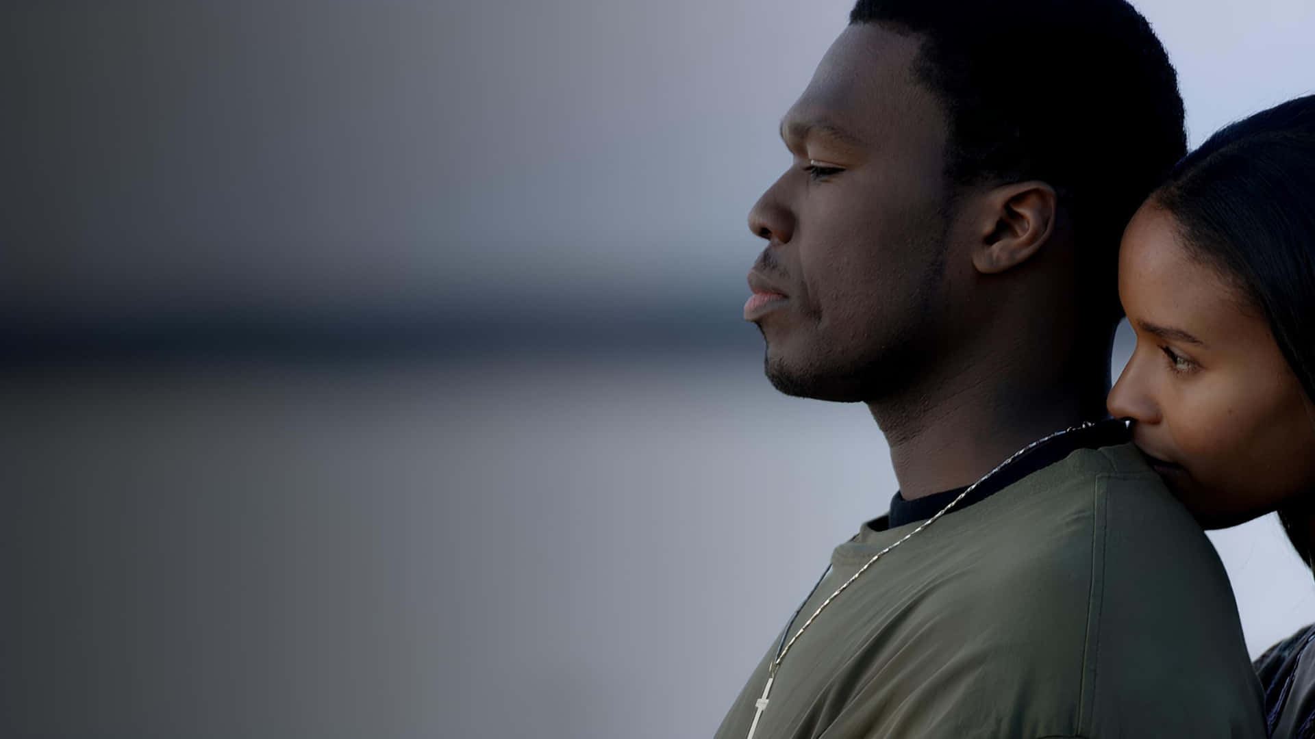 Get Rich Or Die Tryin, muted gray background, man and woman in profile, Full HD Desktop Wallpaper