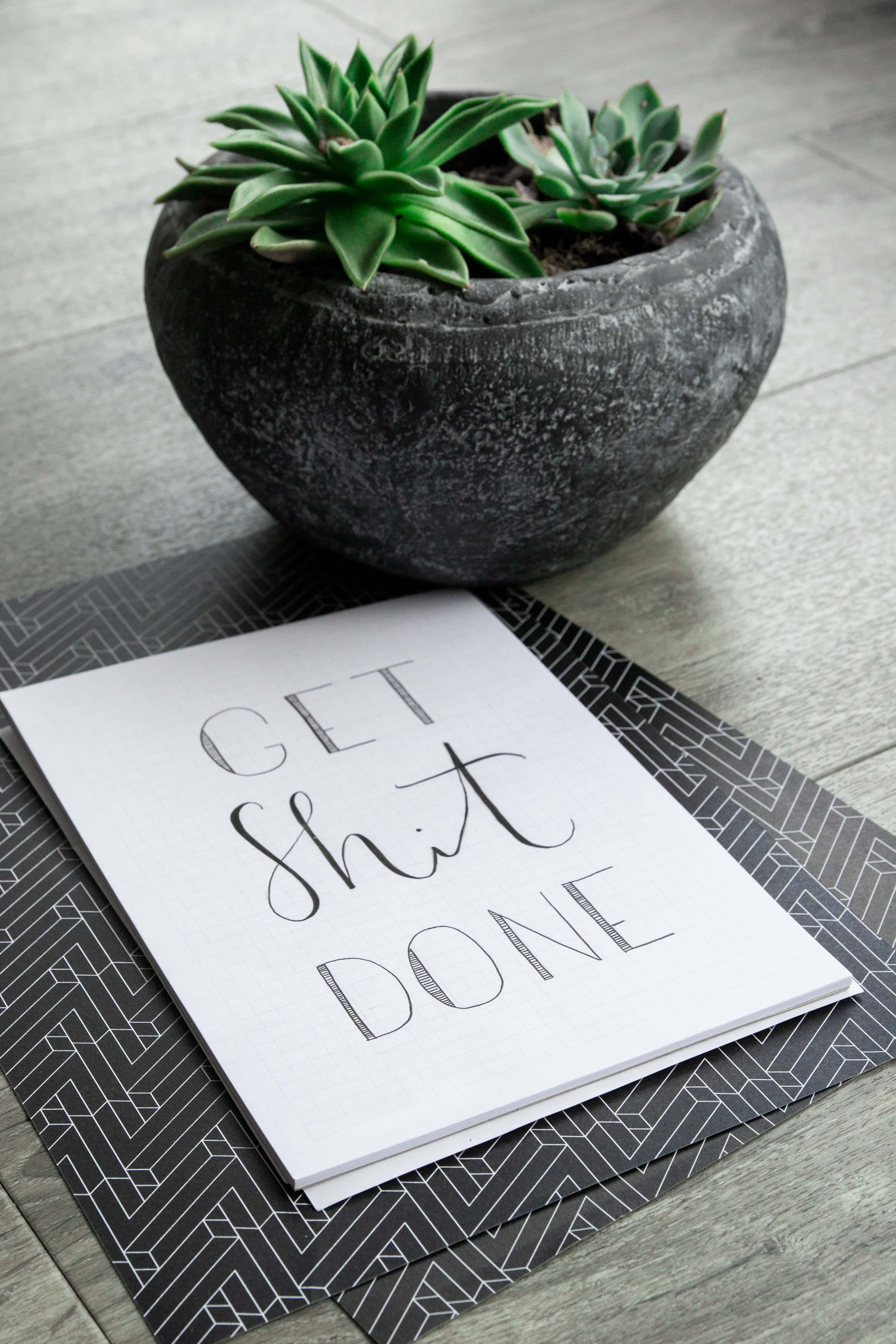 Get Shit Done, motivational quote card, geometric-patterned mat, 4K Phone Wallpaper