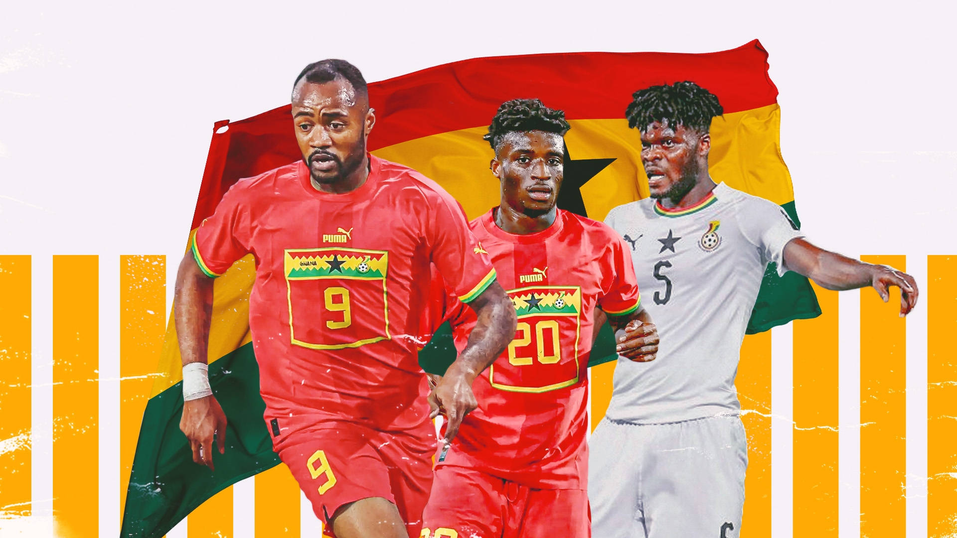 Ghana National Football Team, red and white jerseys, national flag, Full HD Desktop Wallpaper