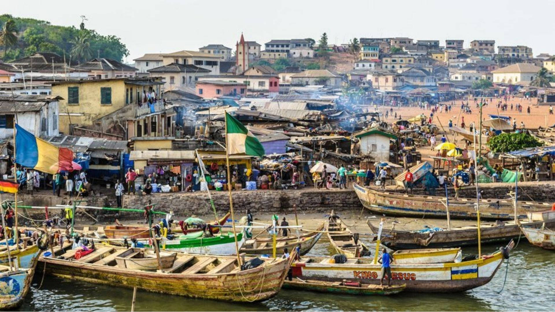 Ghana, harbor, colorful wooden boats, Full HD Desktop Wallpaper