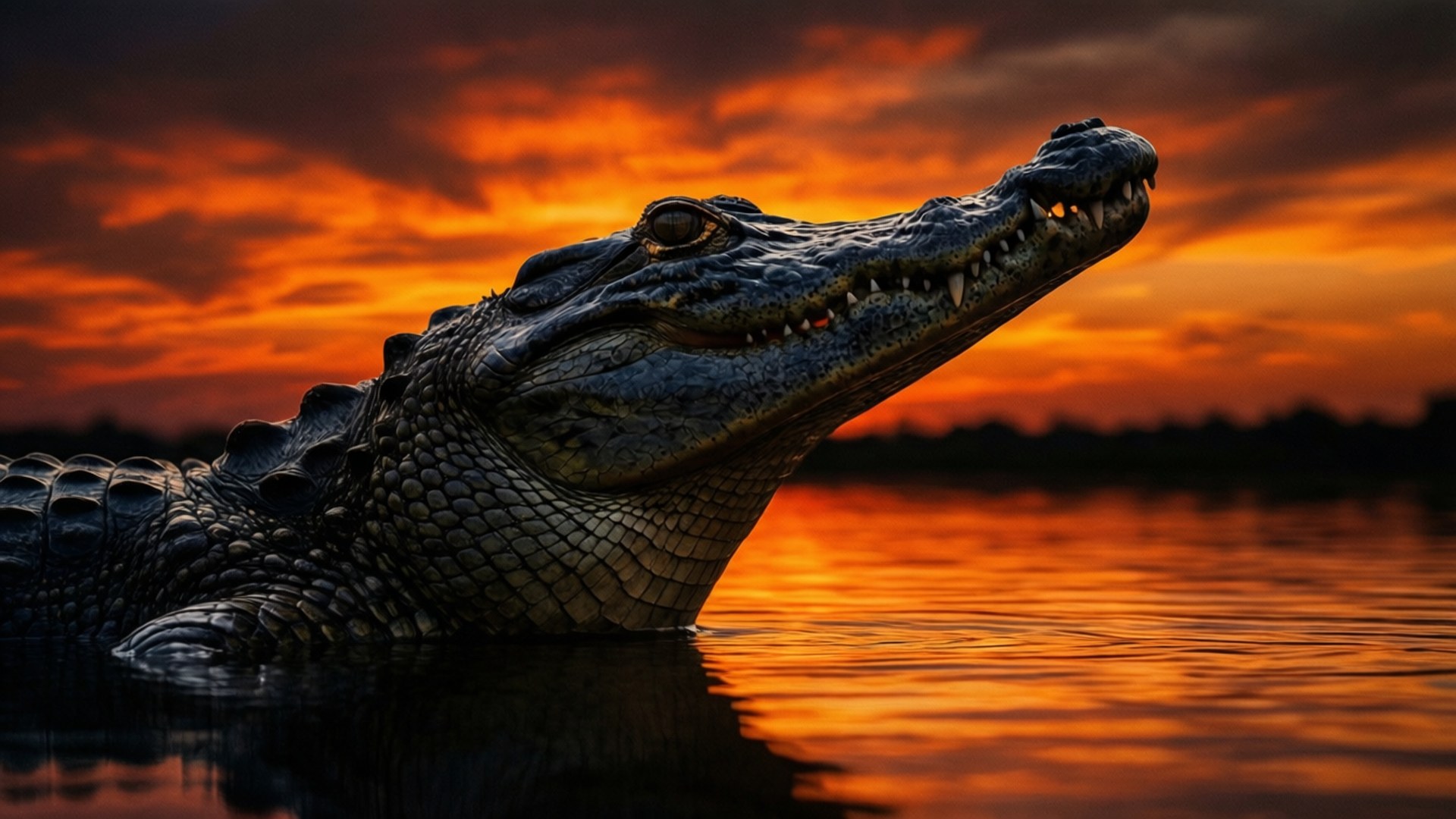Gharial, Sunset, Silhouette, Full HD Desktop Wallpaper
