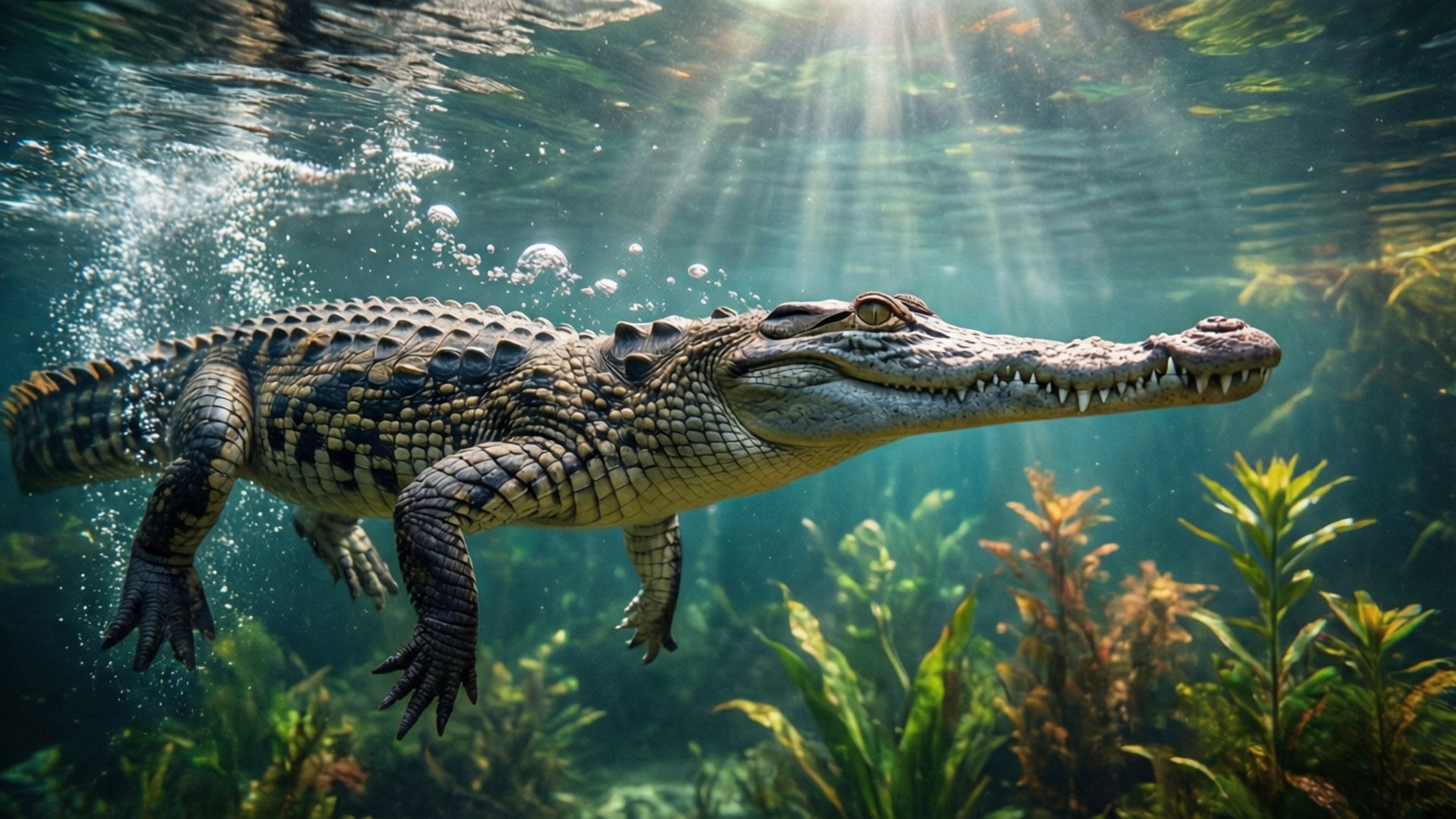 Gharial, sunlit water, rays piercing the surface, Full HD Desktop Wallpaper