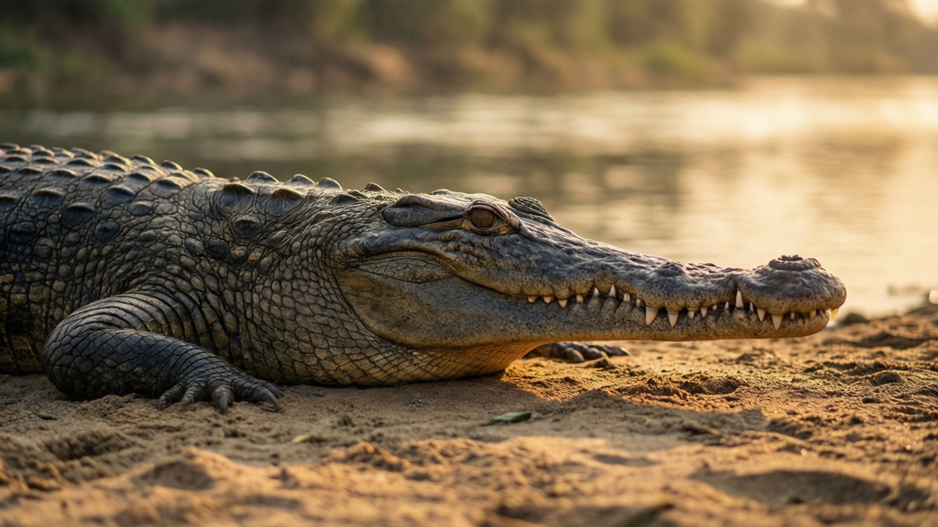 Gharial, riverbank, golden sunlight, Full HD Desktop Wallpaper
