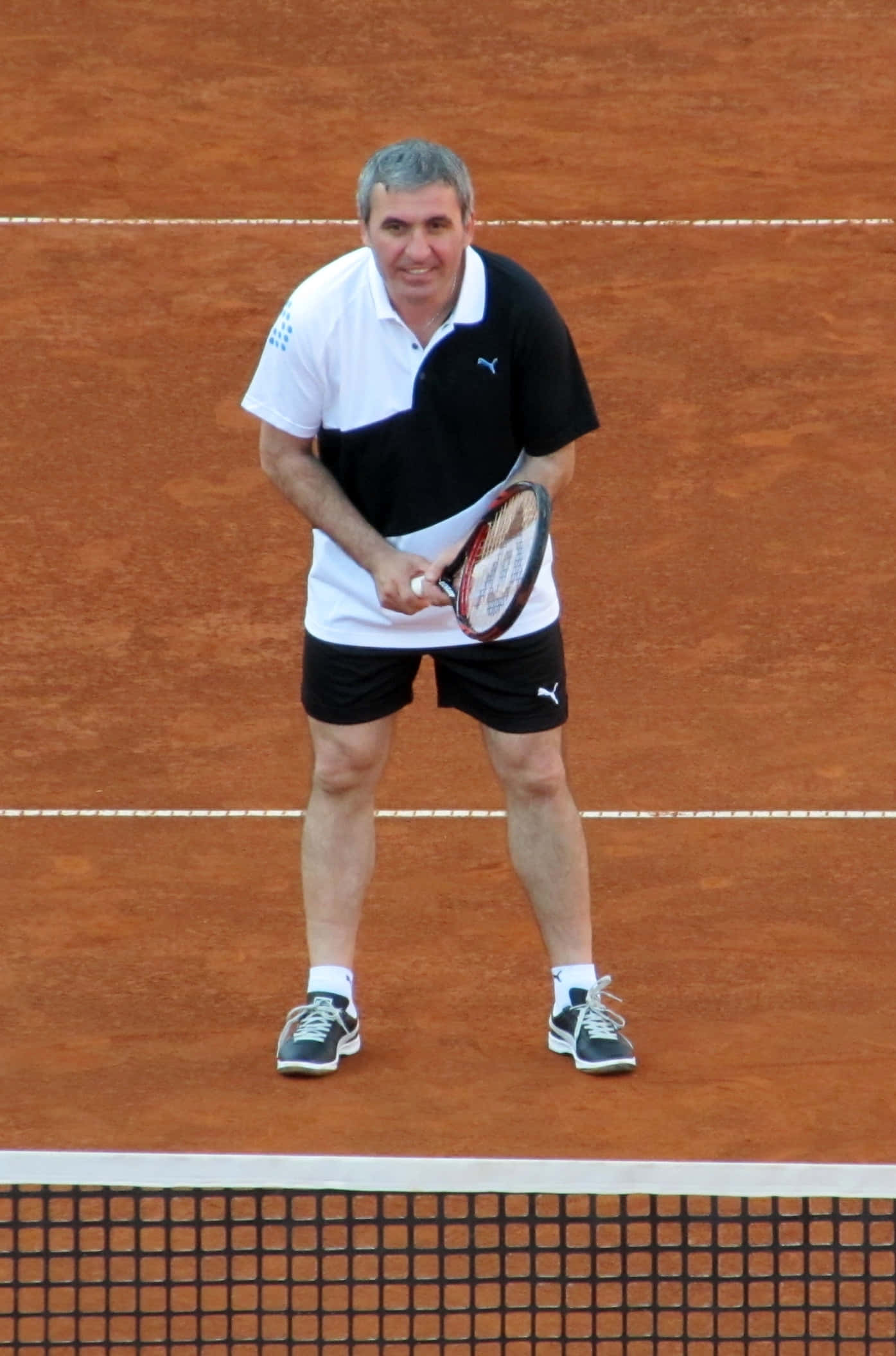 Gheorghe Hagi, black and white polo shirt, clay tennis court, Full HD Phone Wallpaper