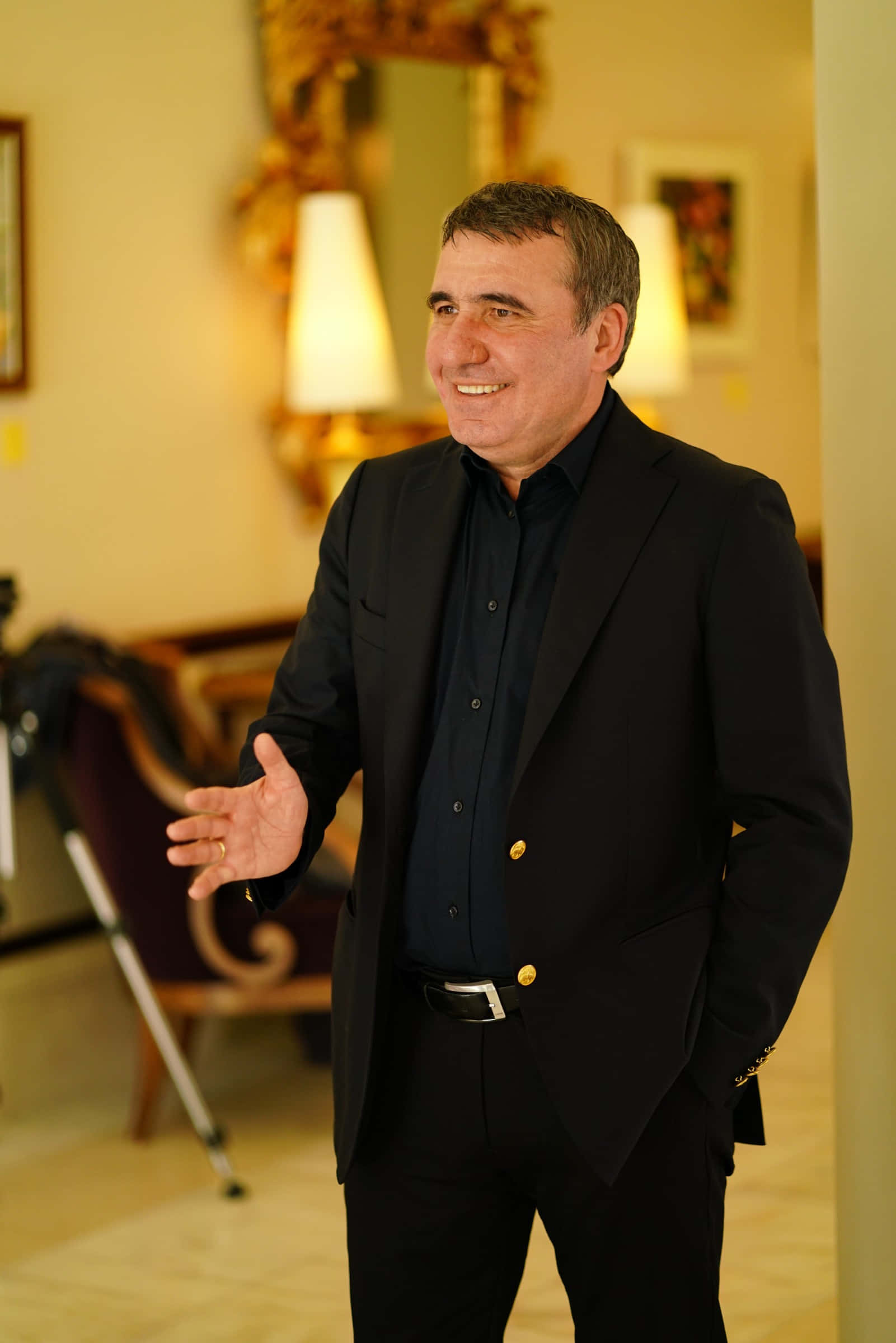 Gheorghe Hagi, elegant black suit, gold buttons, Full HD Phone Wallpaper