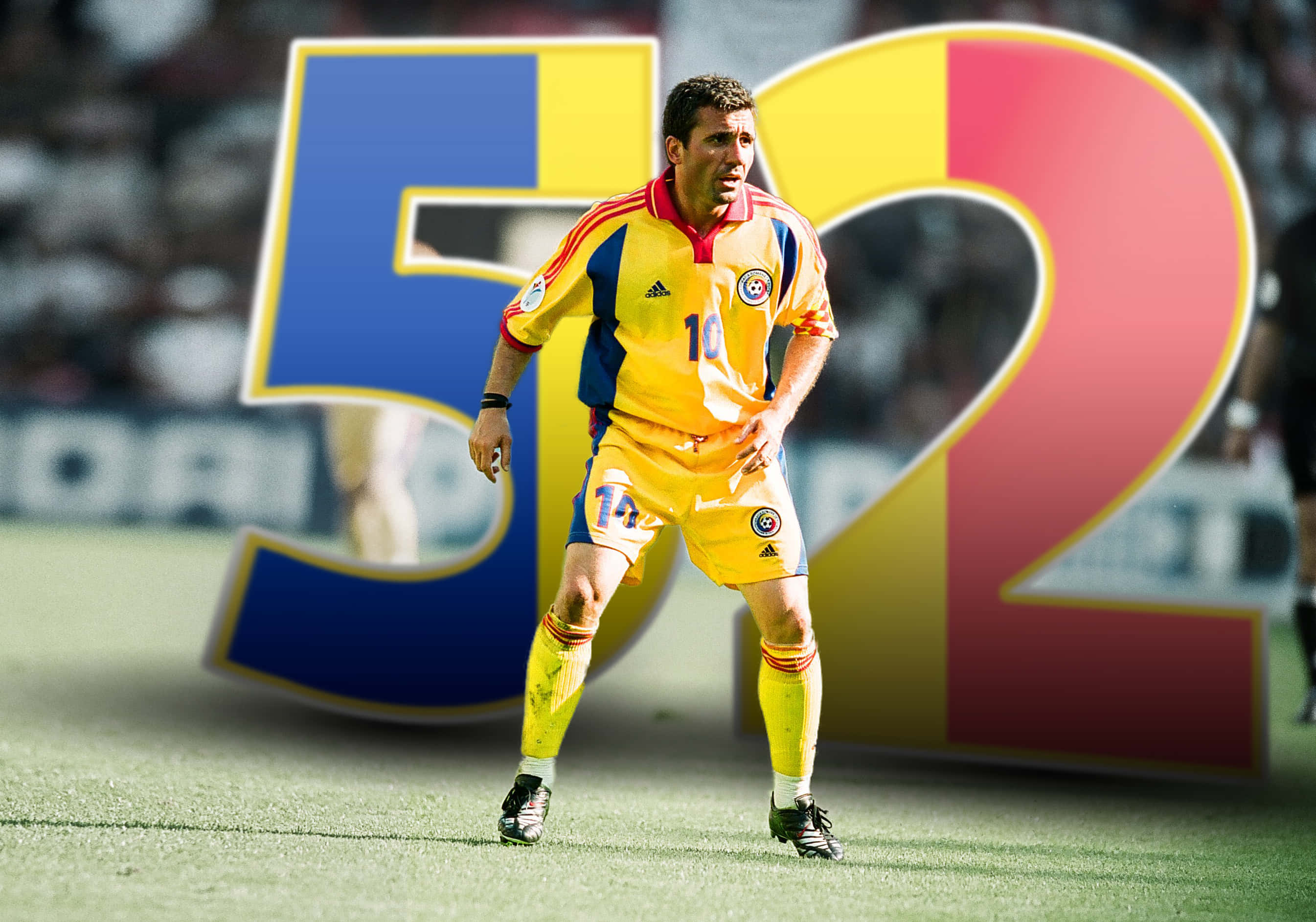 Gheorghe Hagi, yellow blue and red uniform, green field, 2K Desktop Wallpaper
