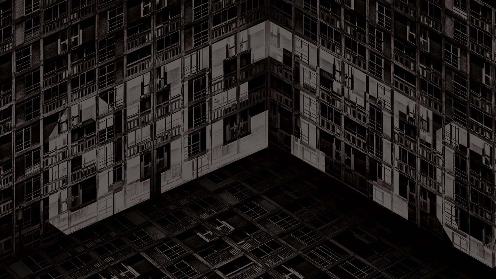 Ghetto Hood, monochrome apartment building, repeating windows, Full HD Desktop Wallpaper