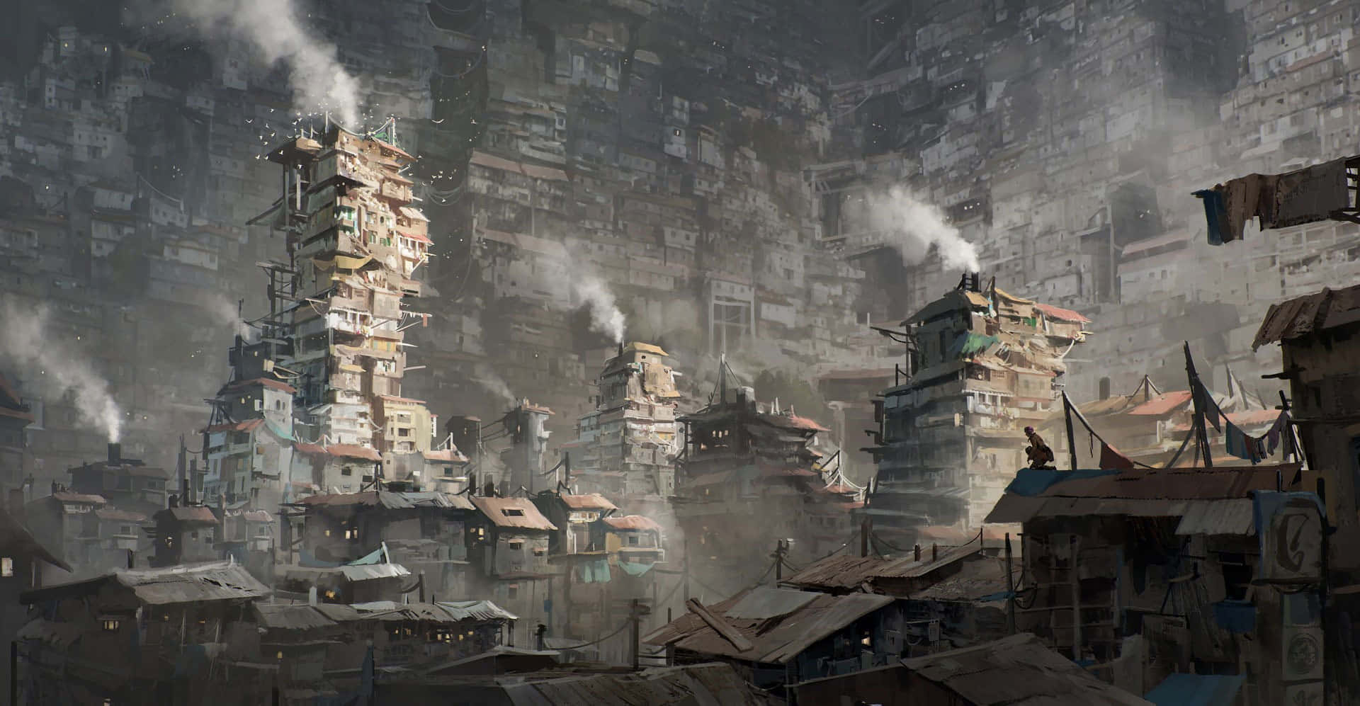 Ghetto Hood, urban slum, misty cliffside, Full HD Desktop Wallpaper