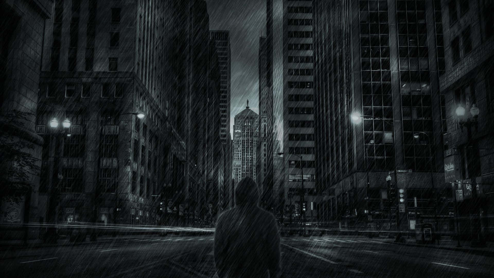 Ghetto Hood, hooded figure, rain-slicked city street, Full HD Desktop Wallpaper