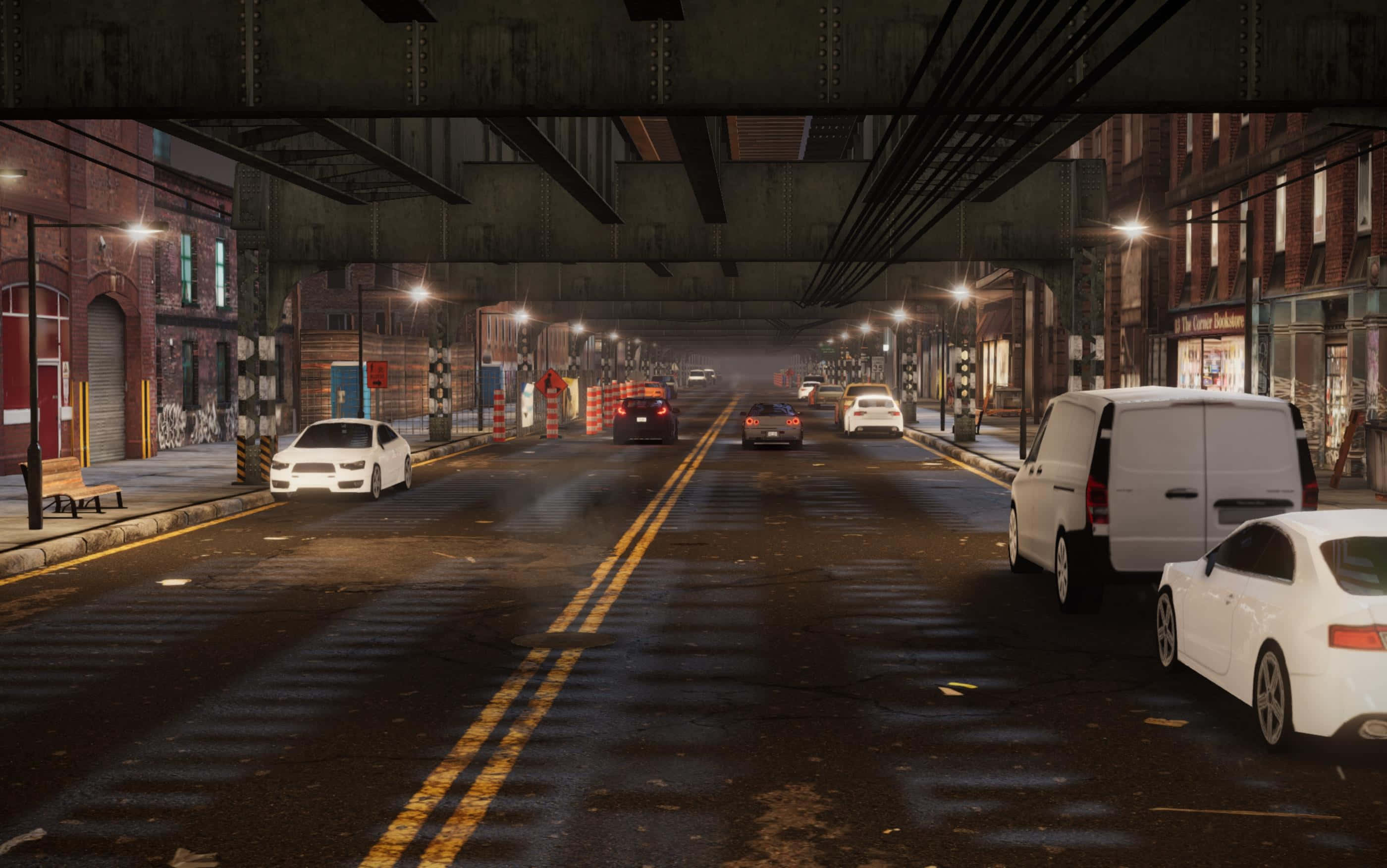Ghetto Hood, wet urban street, night, 2K Desktop Wallpaper
