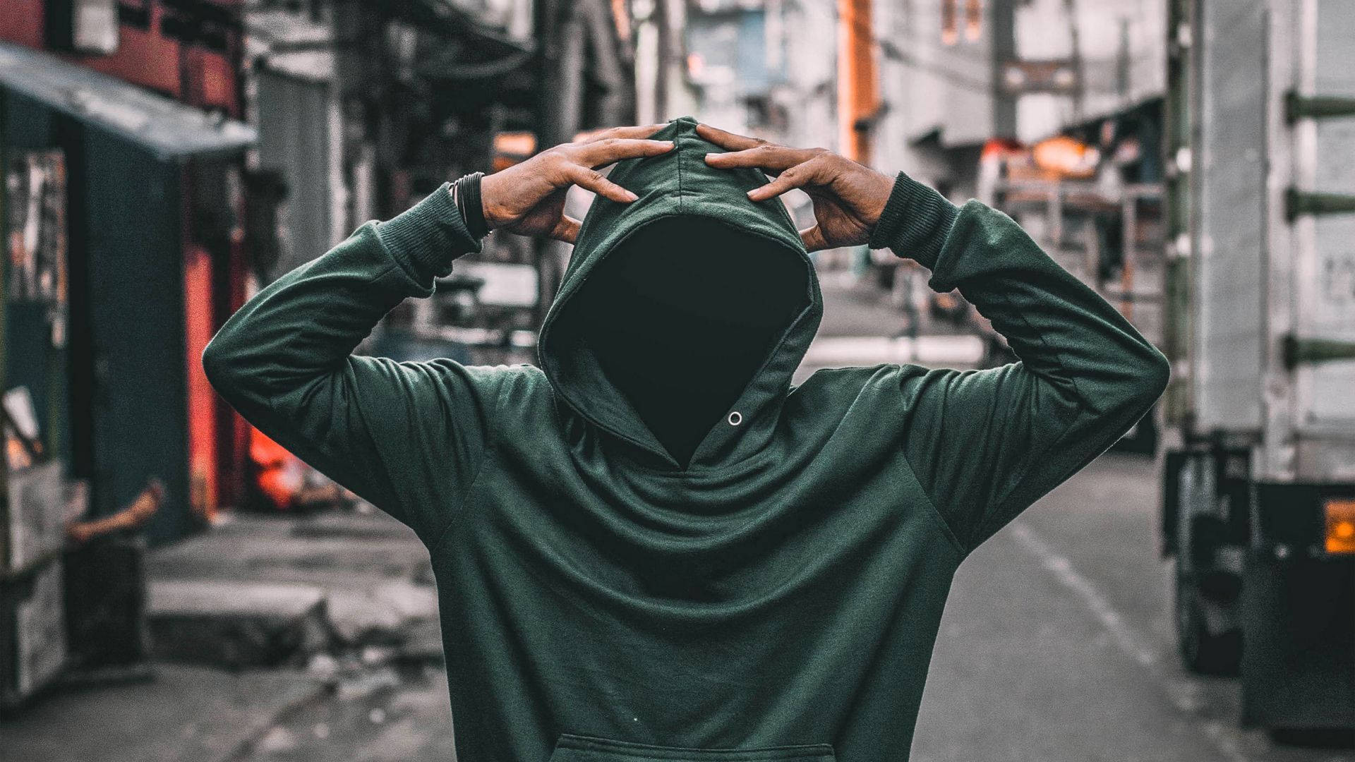 green hoodie, dark green, urban alleyway, Full HD Desktop Wallpaper