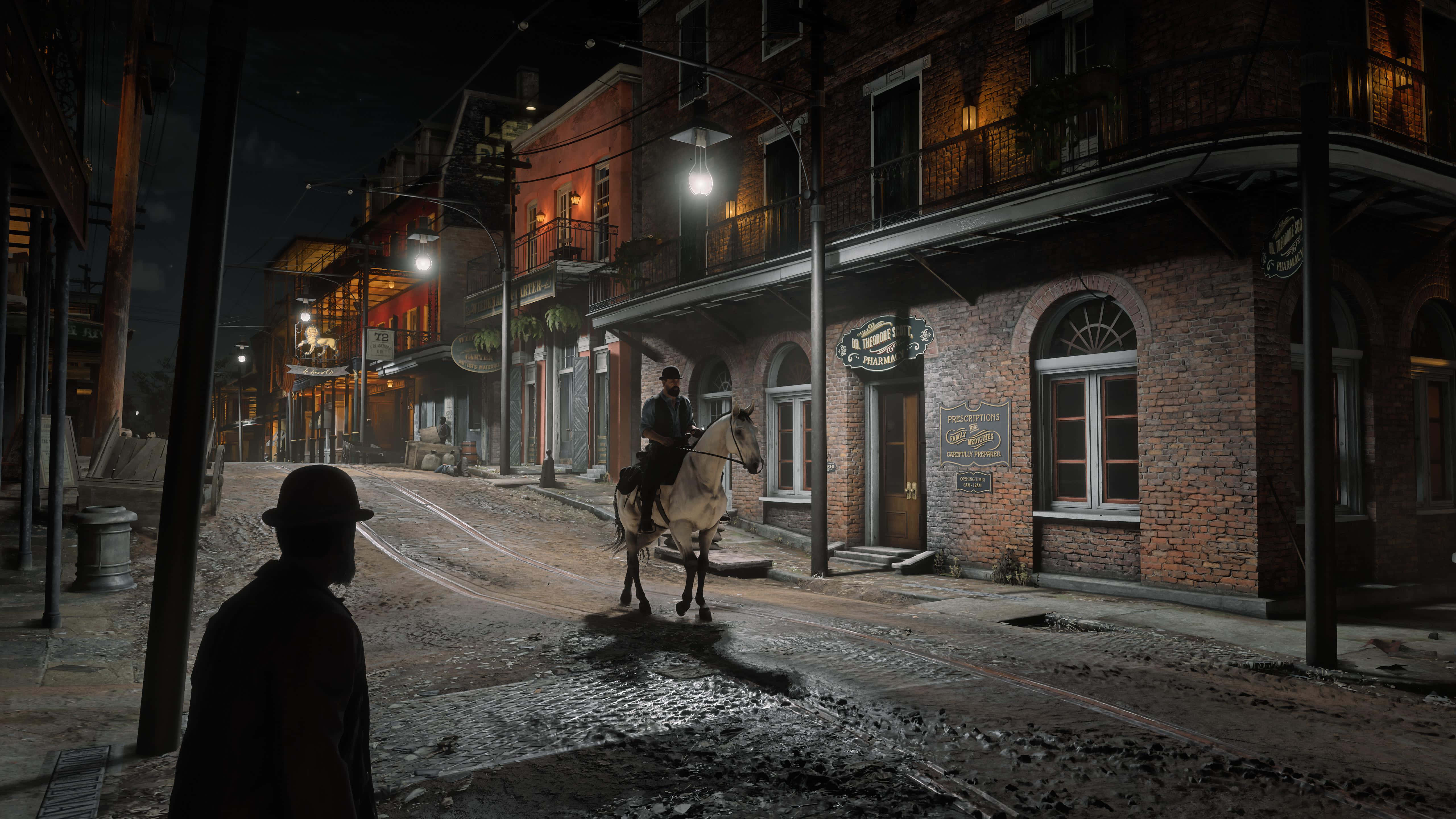 Ghetto Hood, white horse, dimly lit cobblestone street, 5K Desktop Wallpaper