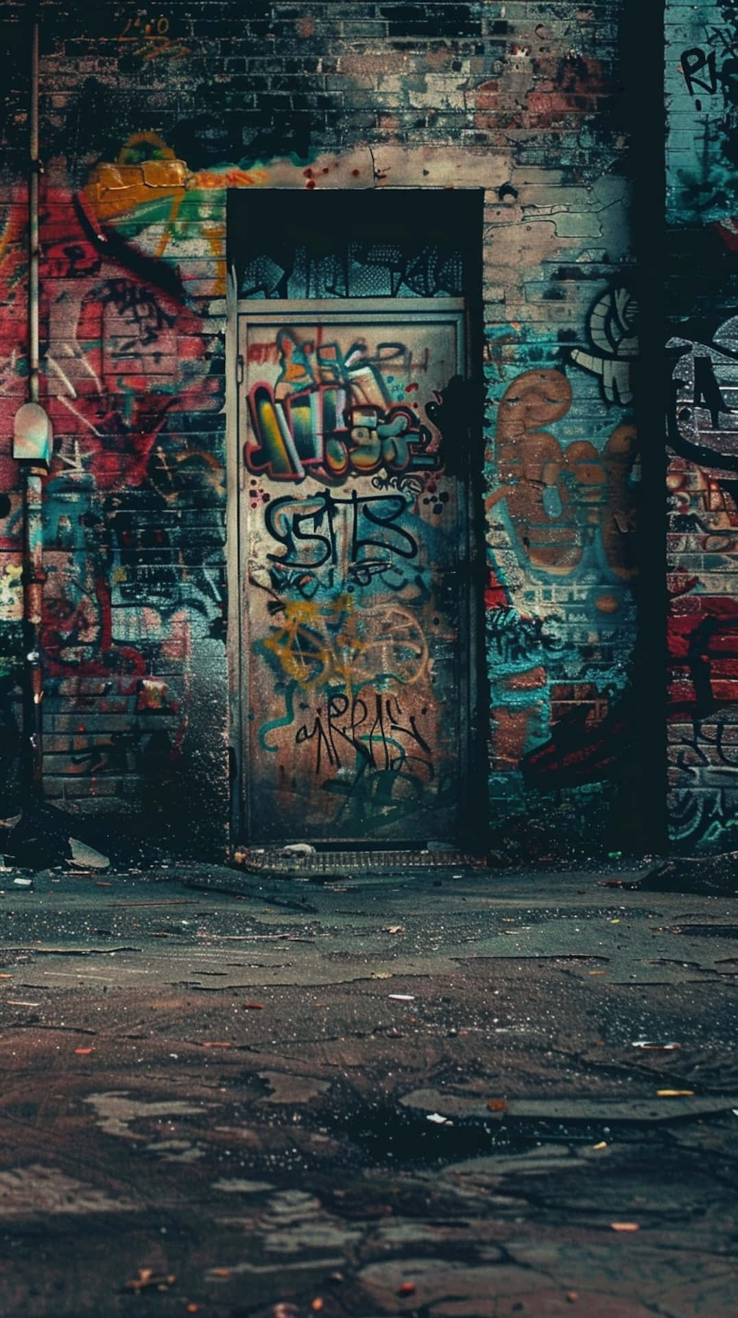 graffiti covered door, urban backdrop, crumbling brick alleyway, Full HD Phone Wallpaper
