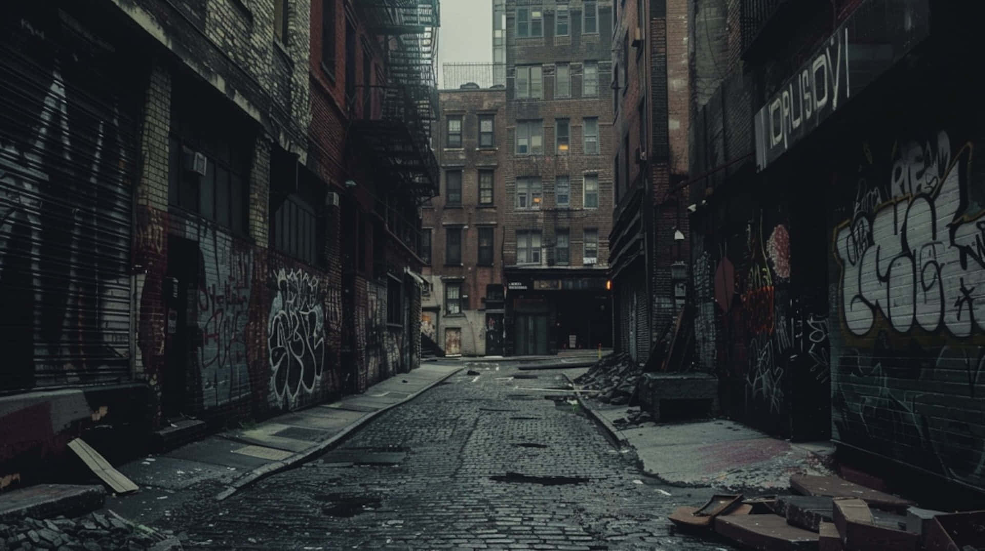 urban decay alley, cobblestone alleyway, brick buildings, Full HD Desktop Wallpaper