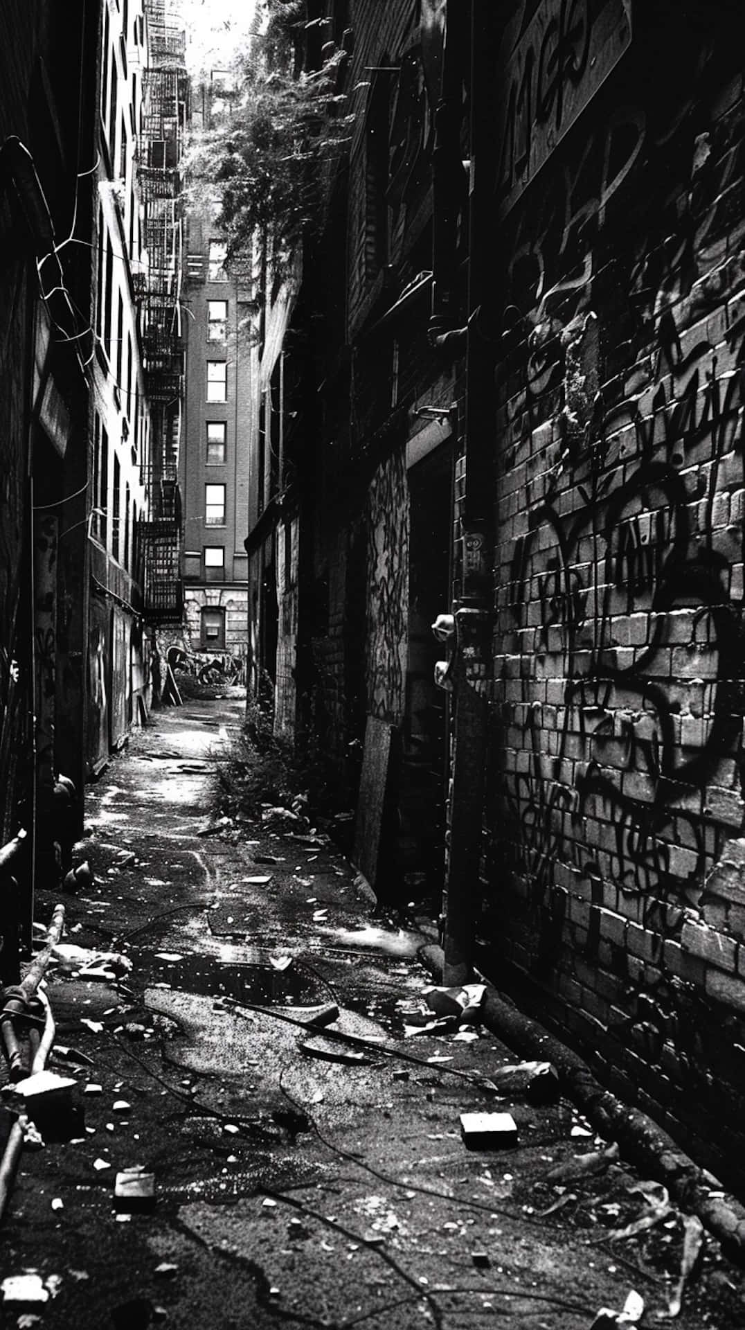 urban decay alleyway, gritty alleyway, tall brick buildings, Full HD Phone Wallpaper
