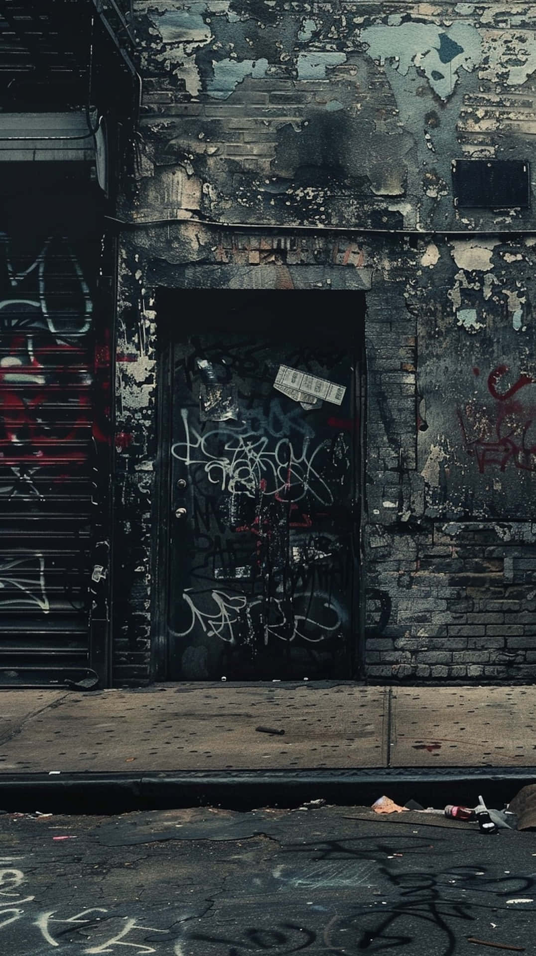 urban decay, graffiti-covered door, peeling walls, Full HD Phone Wallpaper